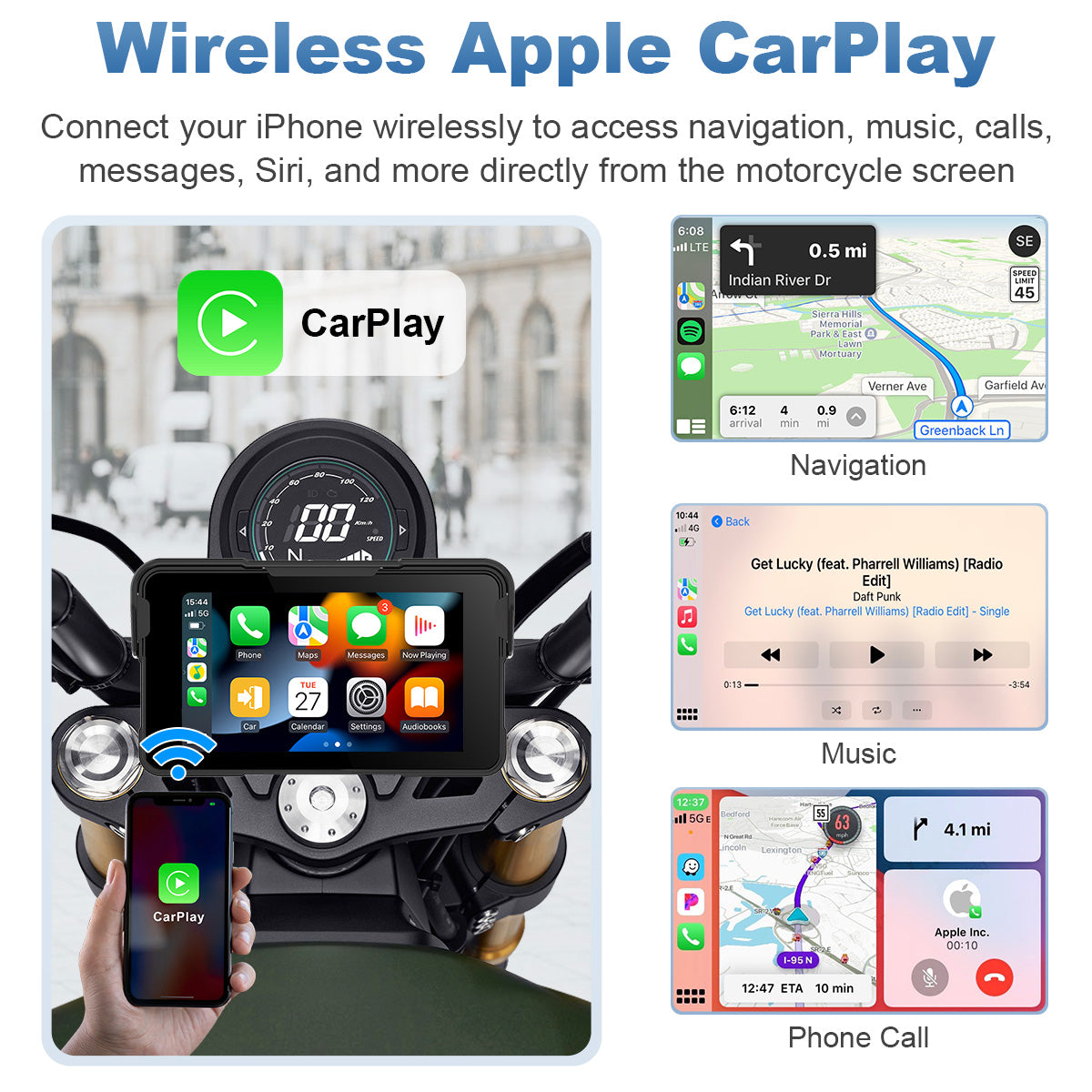 Linkifun™ MT11C 5" Motorcycle Navigation Screen with Wireless CarPlay & Android Auto, Phone Mirroring, Bluetooth 5.0, Optional TPMS & IP67 Waterproof