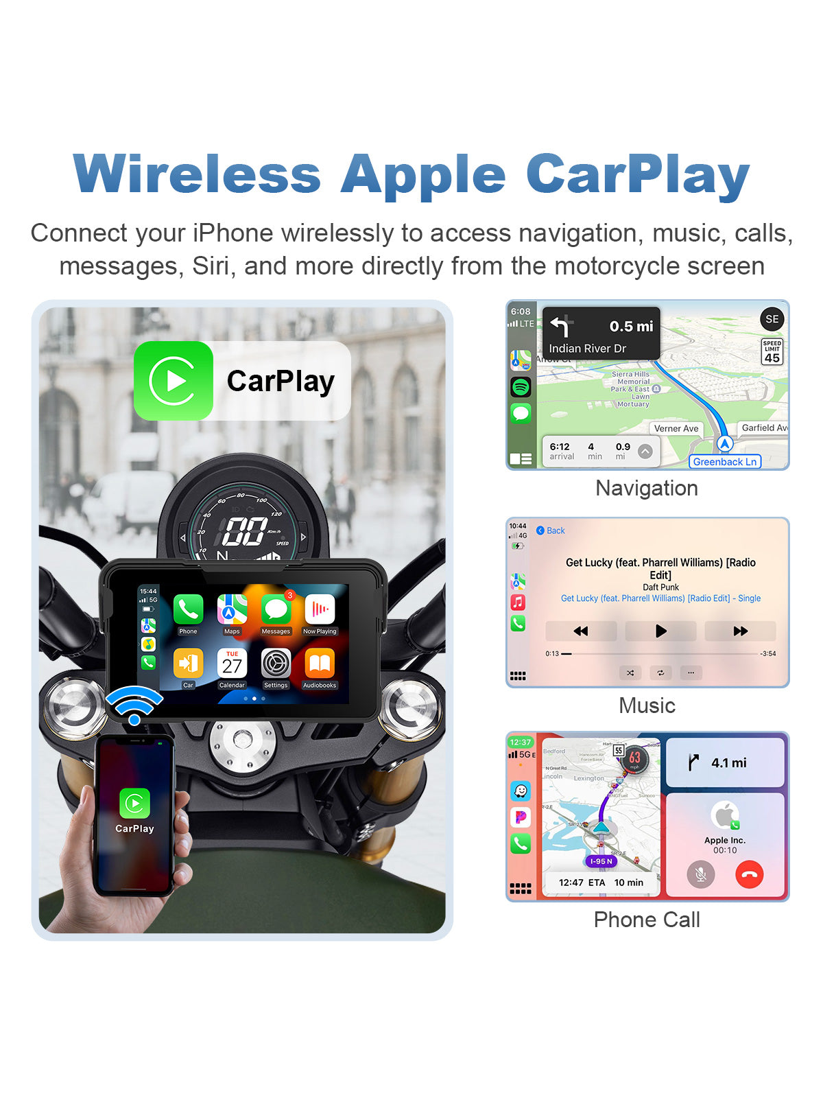 Linkifun MT11C motorcycle navigation screen with wireless Apple CarPlay for Apple Maps, music, calls, messages, and Siri voice control