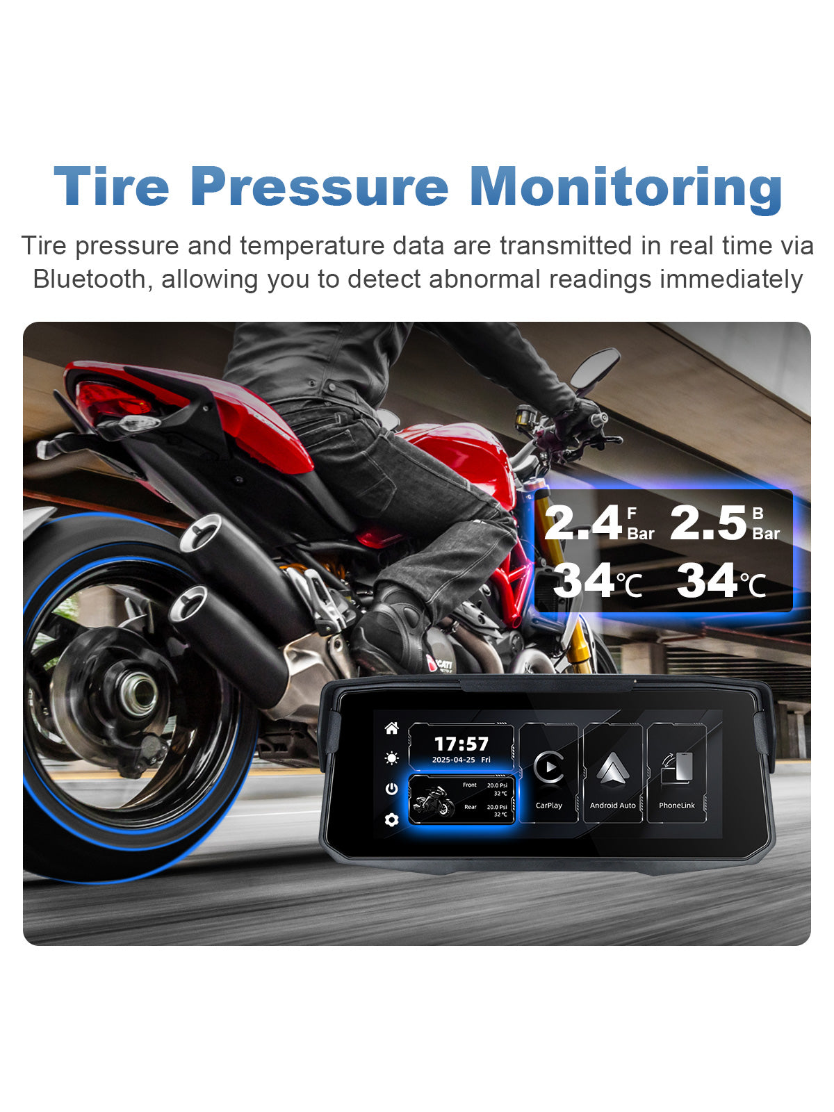Linkifun MT12 6.86 inch motorcycle screen with optional TPMS tire pressure and temperature monitoring sensors for safer riding
