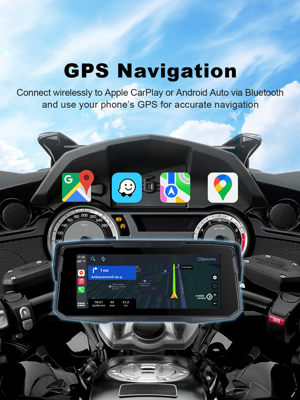 Linkifun MT12 6.86 inch motorcycle screen with phone GPS navigation through wireless CarPlay and Android Auto, supporting Google Maps, Apple Maps, Waze, and other navigation apps