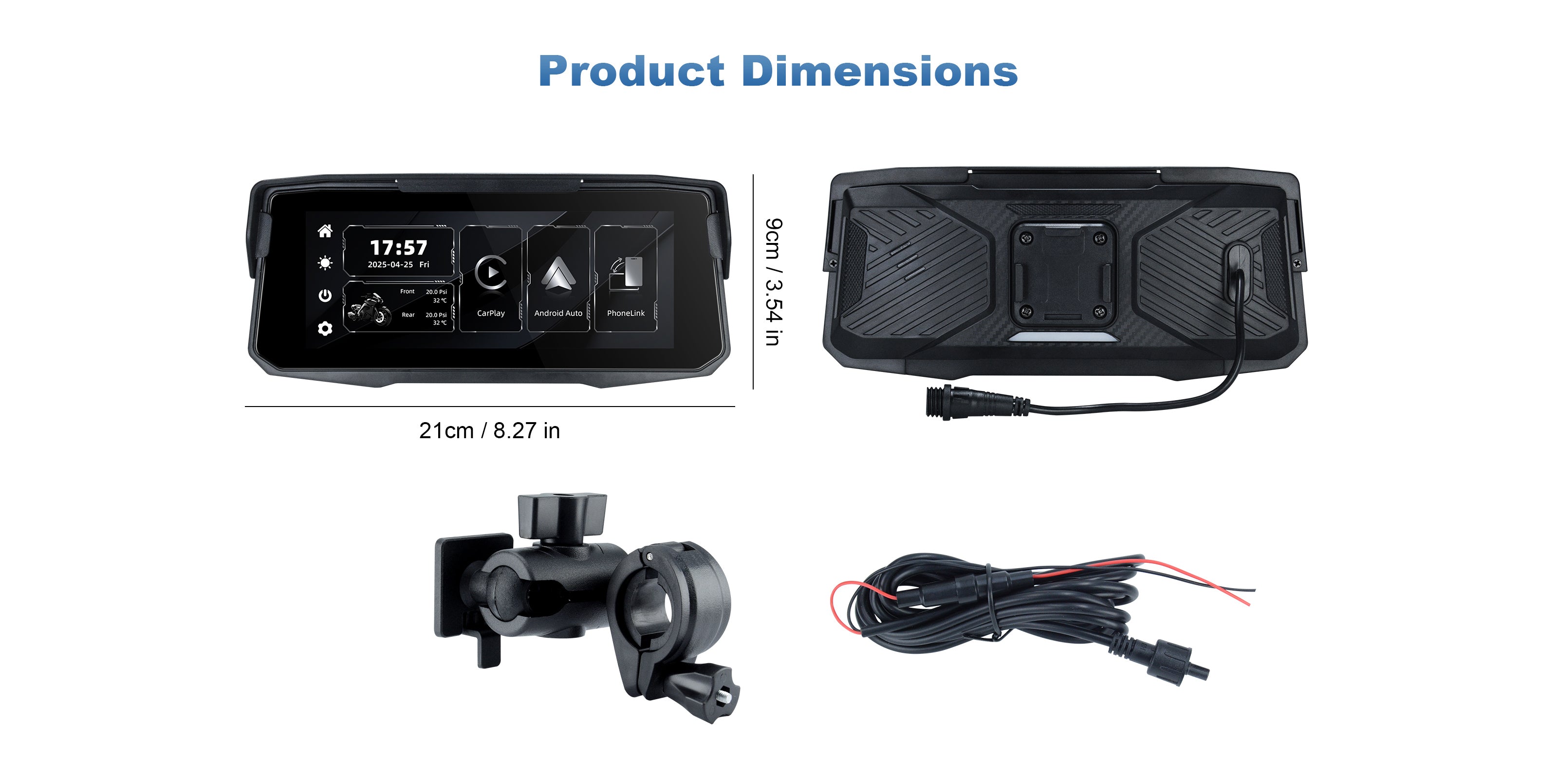 Linkifun MT12 6.86 inch motorcycle screen product dimensions with 21cm width, 9cm height, rear view, mounting bracket, and power cable accessories