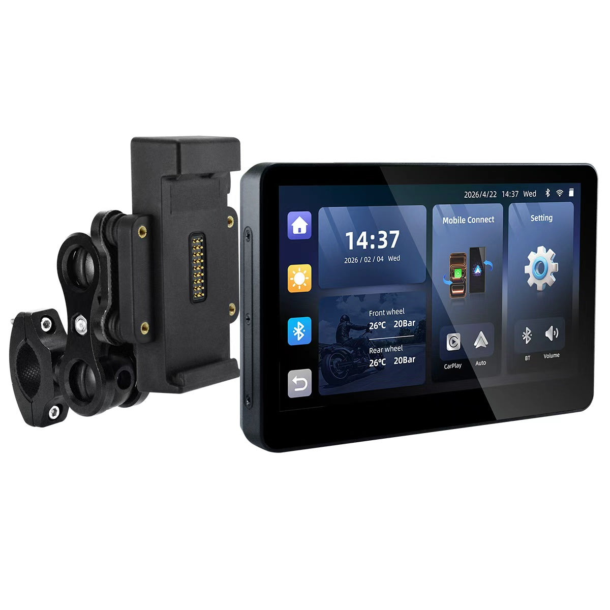 شاشة دراجة نارية Linkifun™ MT13 + حامل 6.2 بوصة – CarPlay وAndroid Auto لاسلكيان، ومسجل فيديو رقمي بعدسة مزدوجة، ونظام GPS، ونظام مراقبة ضغط الإطارات، وشاشة مقسمة