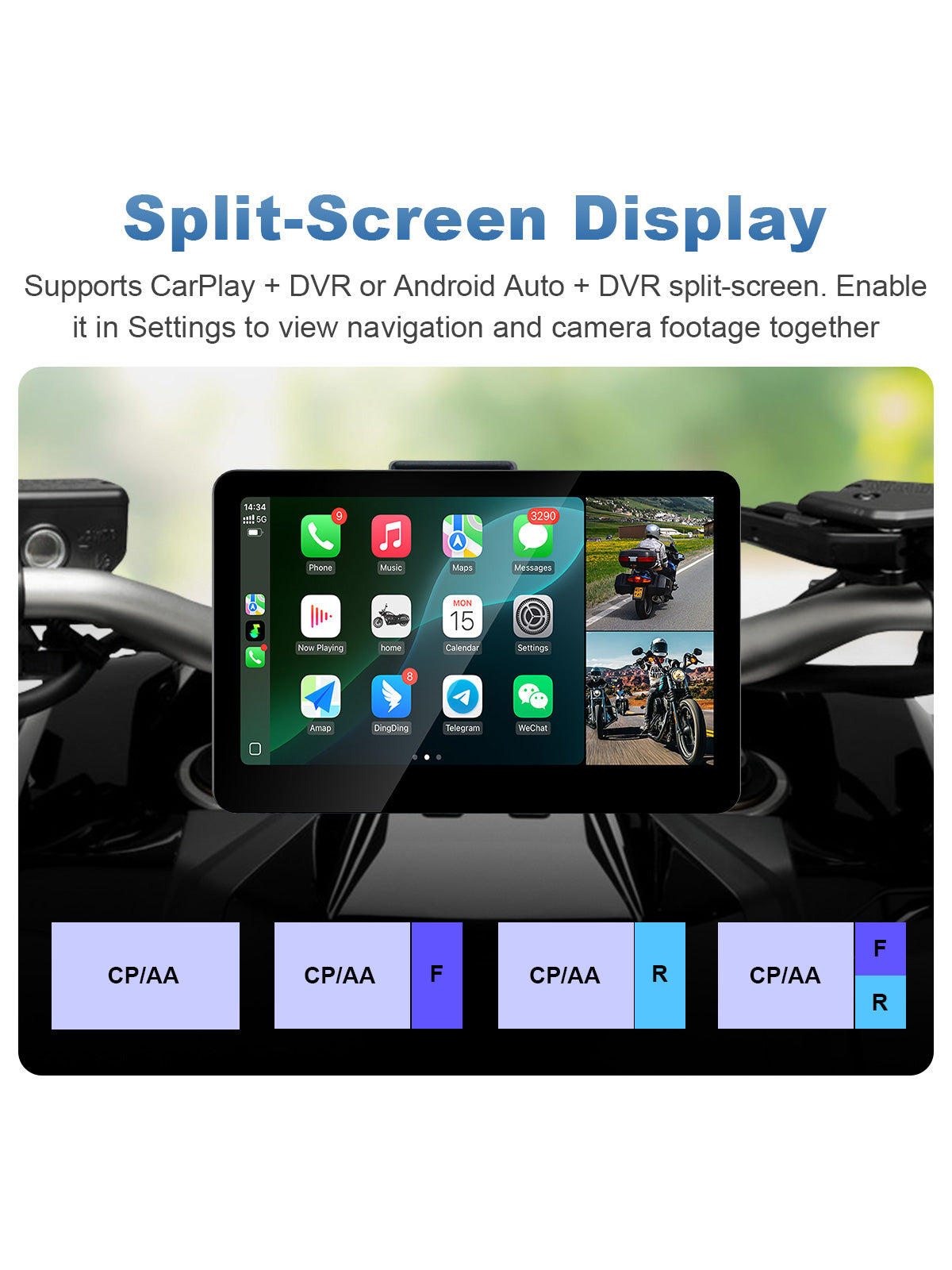 Linkifun MT13 + Bracket 6.2-inch motorcycle display with CarPlay, Android Auto and DVR split-screen for simultaneous navigation and camera viewing.