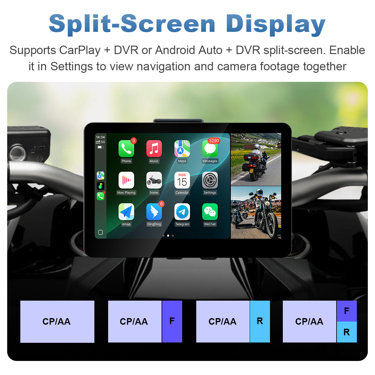 شاشة دراجة نارية Linkifun™ MT13 + حامل مقاس 6.2 بوصة – CarPlay وAndroid Auto لاسلكيان، انعكاس الشاشة، ومسجل فيديو رقمي + GPS اختياري أو نظام مراقبة ضغط الإطارات (TPMS)