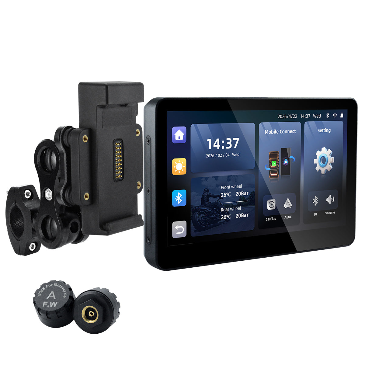 شاشة دراجة نارية Linkifun™ MT13 + حامل 6.2 بوصة – CarPlay وAndroid Auto لاسلكيان، ومسجل فيديو رقمي بعدسة مزدوجة، ونظام GPS، ونظام مراقبة ضغط الإطارات، وشاشة مقسمة