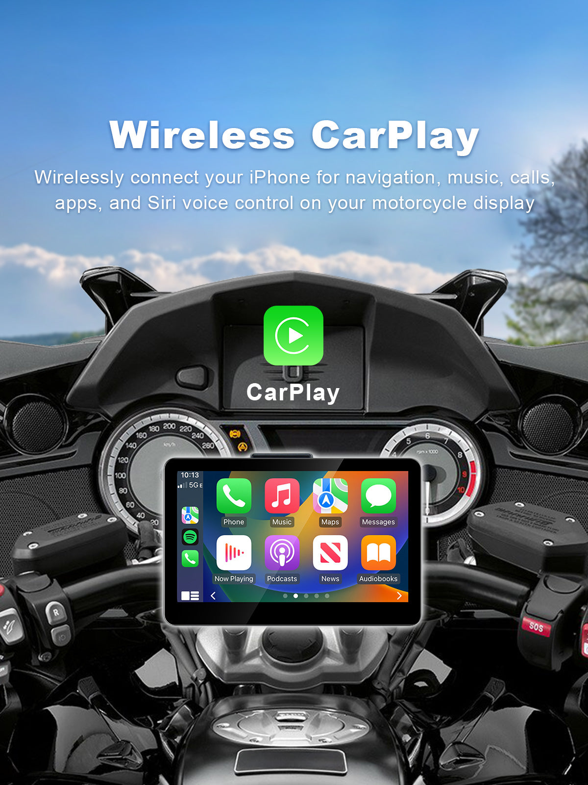 Linkifun MT13 + Bracket 6.2-inch motorcycle display with Wireless CarPlay for iPhone navigation, music, calls, apps and Siri voice control.