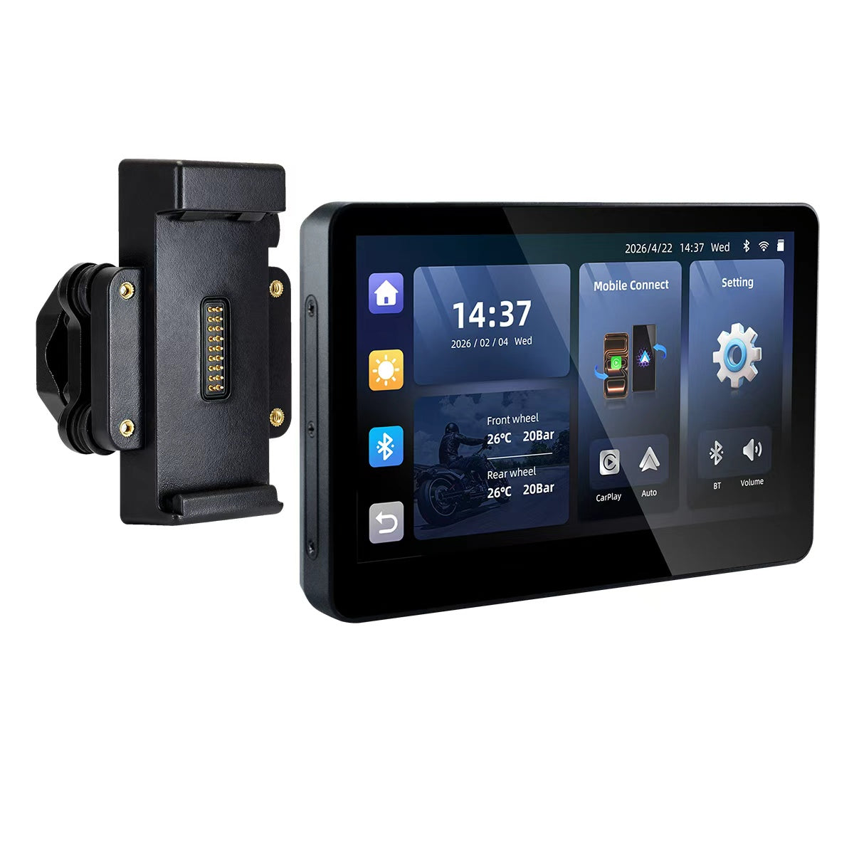 شاشة دراجة نارية Linkifun™ MT13 + حامل 6.2 بوصة – CarPlay وAndroid Auto لاسلكيان، ومسجل فيديو رقمي بعدسة مزدوجة، ونظام GPS، ونظام مراقبة ضغط الإطارات، وشاشة مقسمة