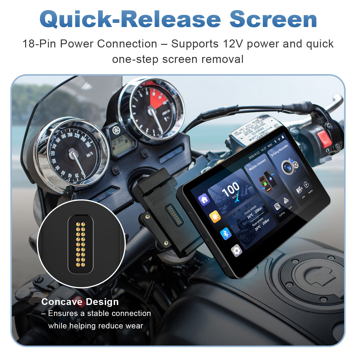 شاشة دراجة نارية Linkifun™ MT13 + حامل مقاس 6.2 بوصة – CarPlay وAndroid Auto لاسلكيان، انعكاس الشاشة، ومسجل فيديو رقمي + GPS اختياري أو نظام مراقبة ضغط الإطارات (TPMS)