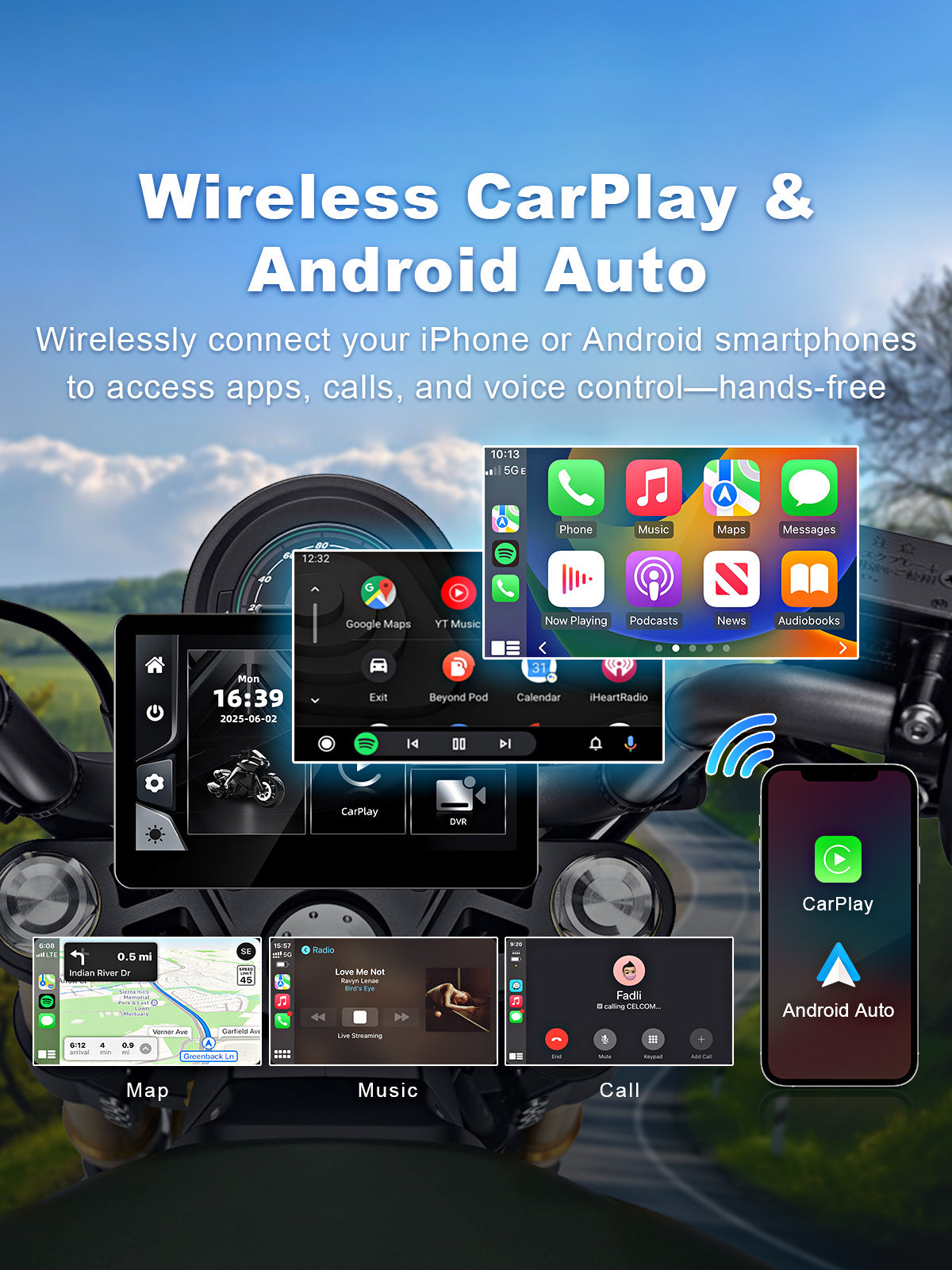 Linkifun MT13 universal bracket motorcycle navigation screen with DVR GPS wireless CarPlay Android Auto interface