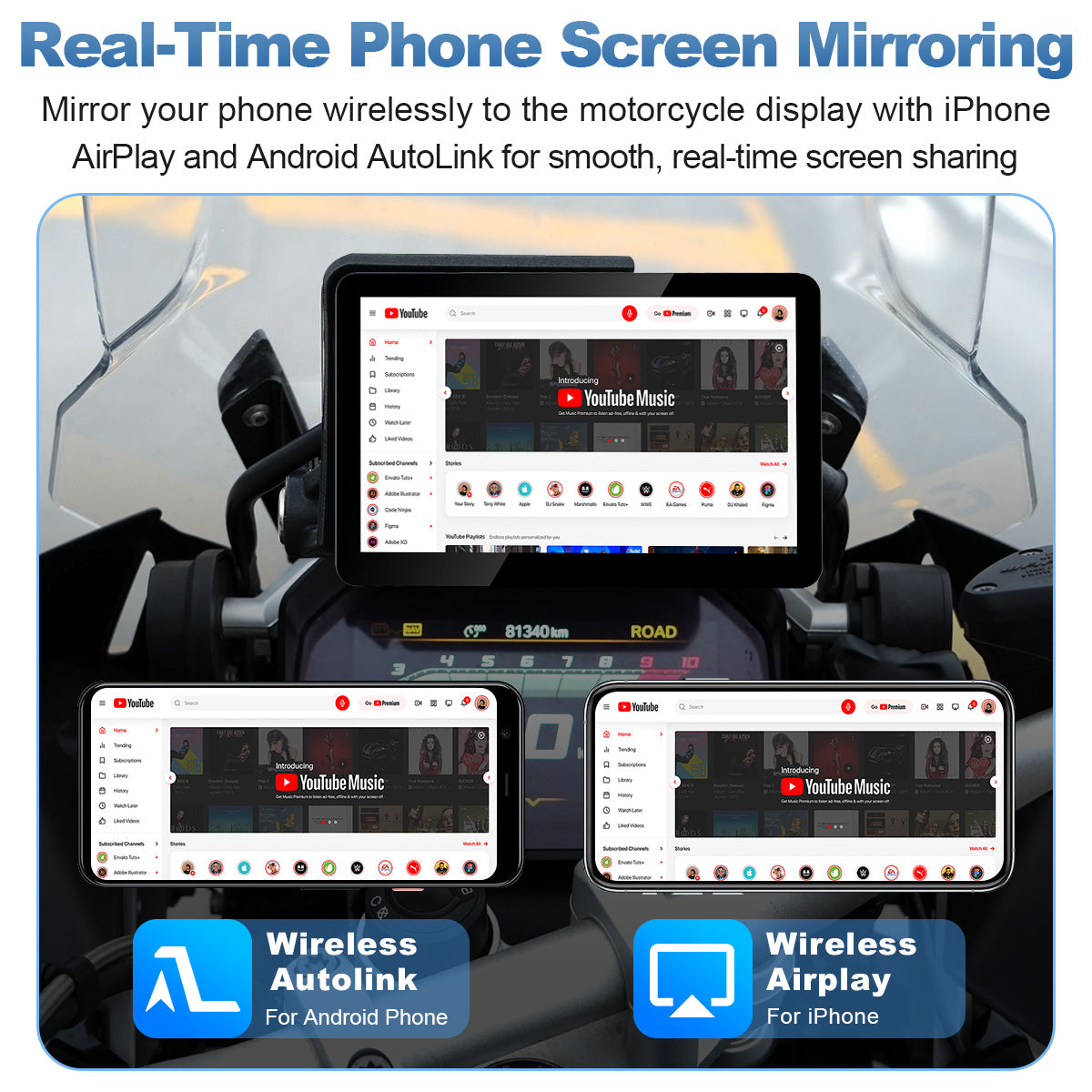 Linkifun MT13A Pro DVR 6,2-Zoll-Motorraddisplay für BMW, kabelloses CarPlay und Android Auto, Wonder Wheel, duale 1080P-DVRs