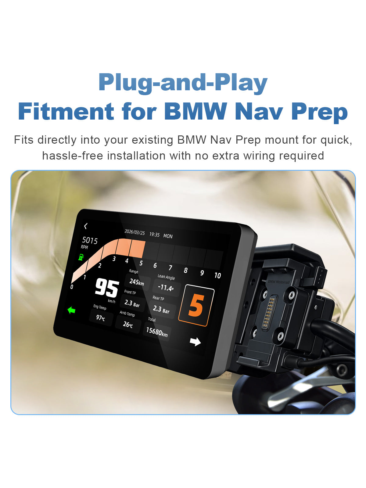 Linkifun MT13A Pro 6.2-inch motorcycle display with plug-and-play fitment for compatible BMW Nav Prep mounts.
