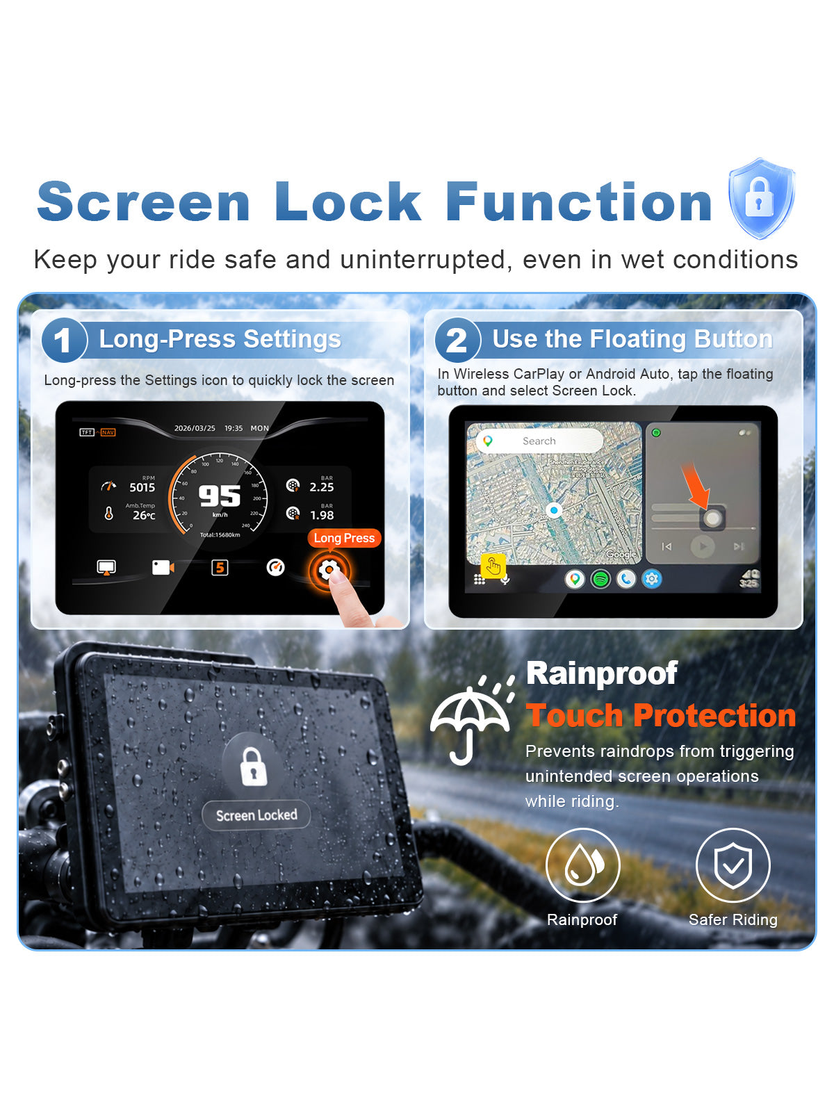 Linkifun MT13A Pro DVR screen lock function helps prevent accidental touchscreen operation caused by rain