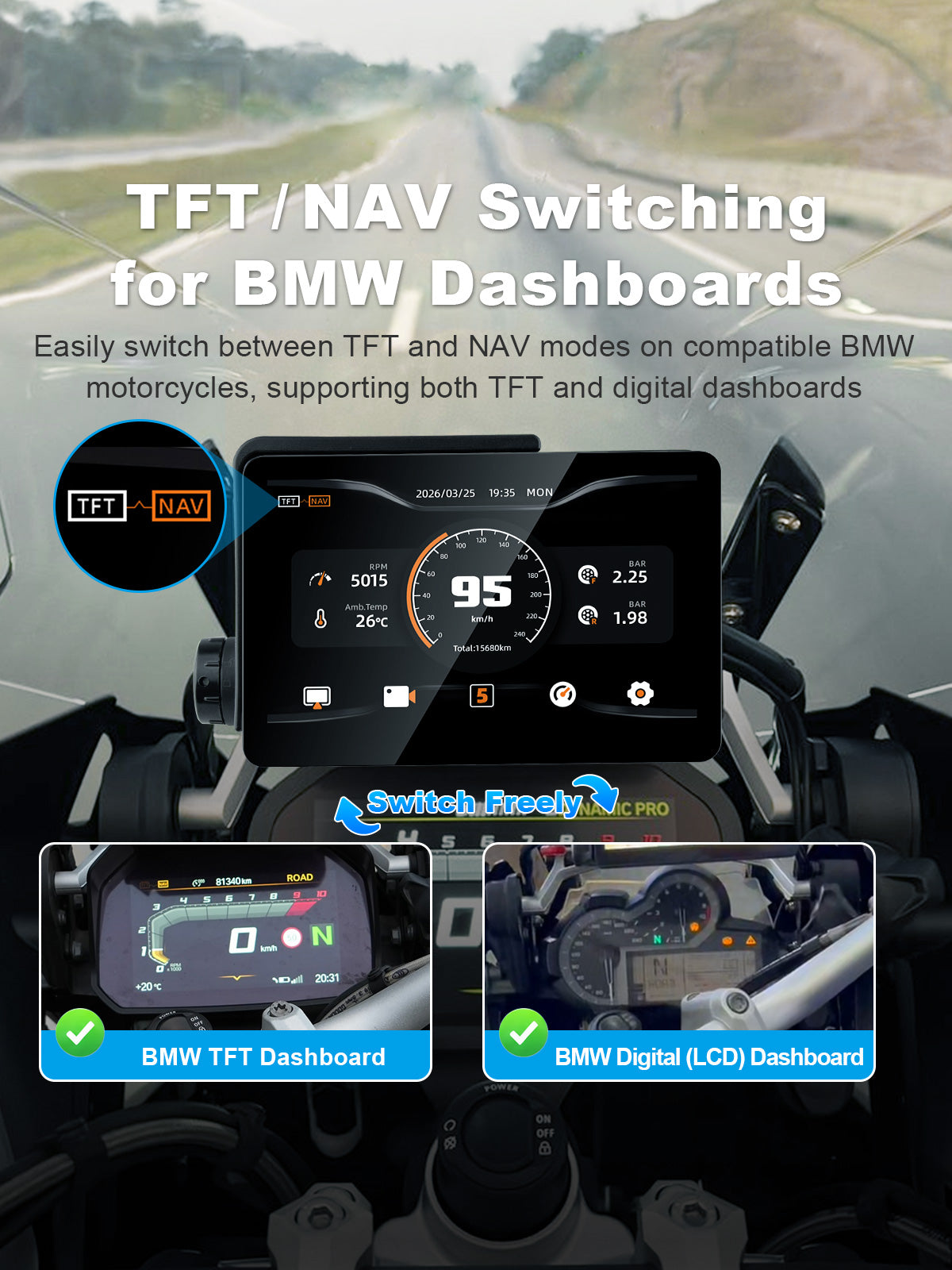 Linkifun MT13A Pro DVR supports TFT and NAV mode switching for compatible BMW TFT and digital dashboards