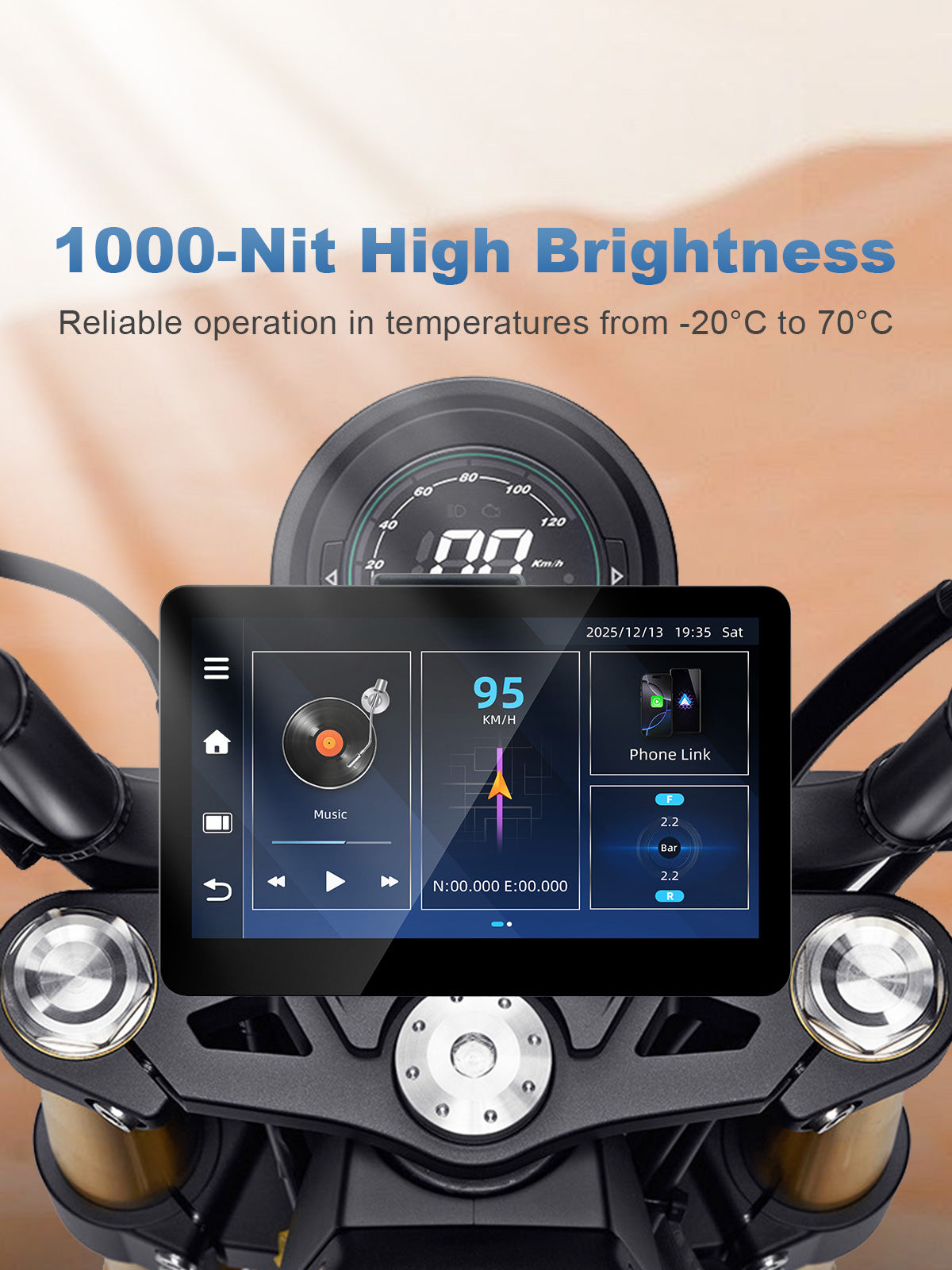 Linkifun MT13C 6.2 inch Android 14 motorcycle display with 1000-nit high-brightness screen and reliable operation from -20°C to 70°C