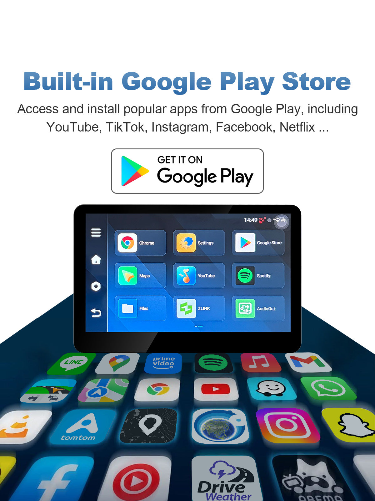 Linkifun MT13C 6.2 inch Android 14 motorcycle display with built-in Google Play Store for downloading compatible navigation and entertainment apps