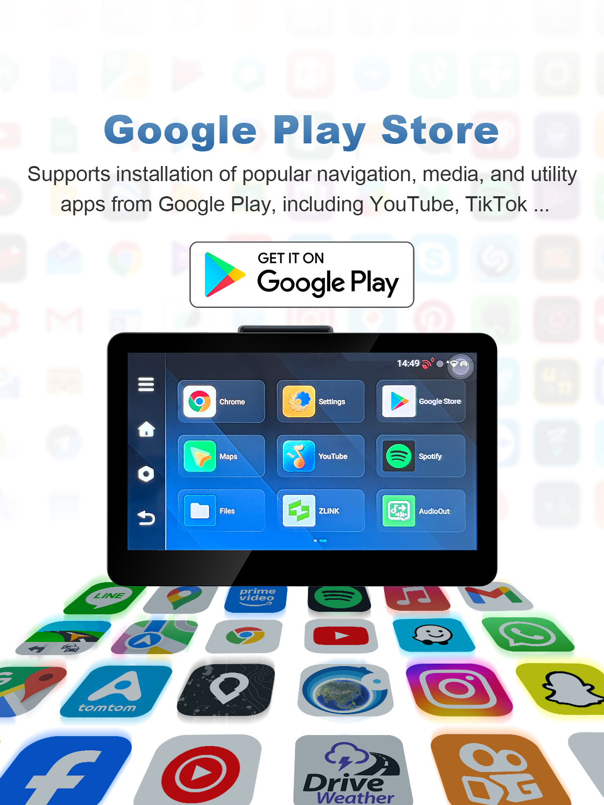 Linkifun MT13C 6.2 inch Android 14 motorcycle display with built-in Google Play Store for downloading compatible navigation and entertainment apps