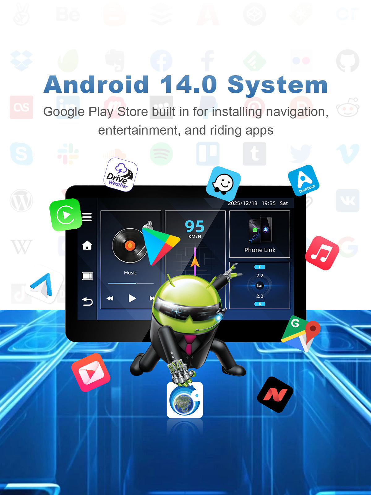 Linkifun MT13C 6.2 inch Android 14 motorcycle display with Google Play, Wi-Fi connectivity and independent Android system