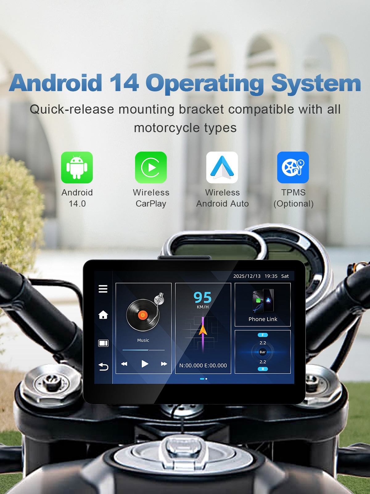 Linkifun MT13C 6.2 inch Android 14 motorcycle display with quick-release bracket, Wireless CarPlay, Android Auto and optional TPMS