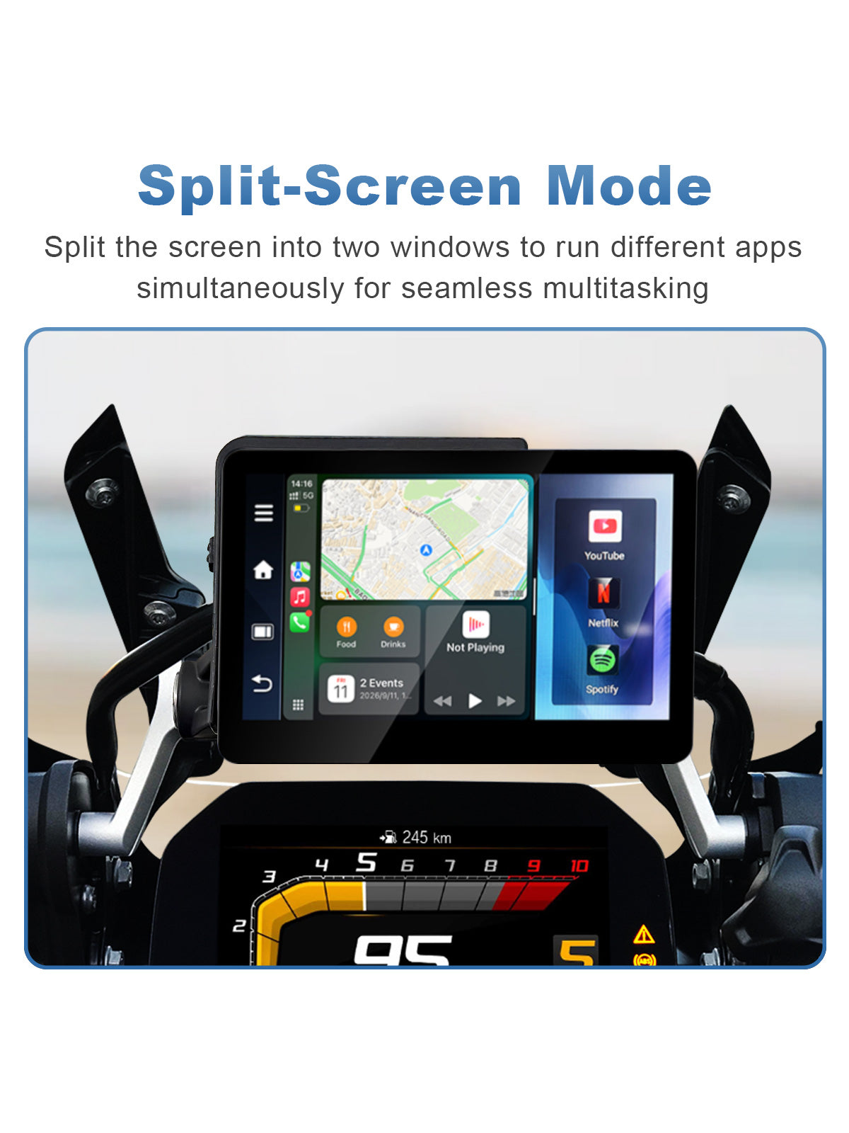 Linkifun MT13C 6.2 inch Android 14 motorcycle display with split-screen multitasking showing navigation and two apps side by side