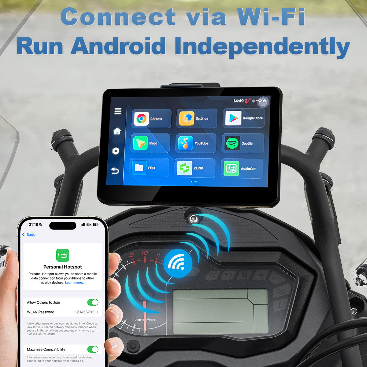 Linkifun™ MT13C + Bracket 6.2" Android 14 Smart Display for Universal Motorcycles – Google Play, Built-in GPS, Wi-Fi, Wireless CarPlay & Android Auto, Optional TPMS