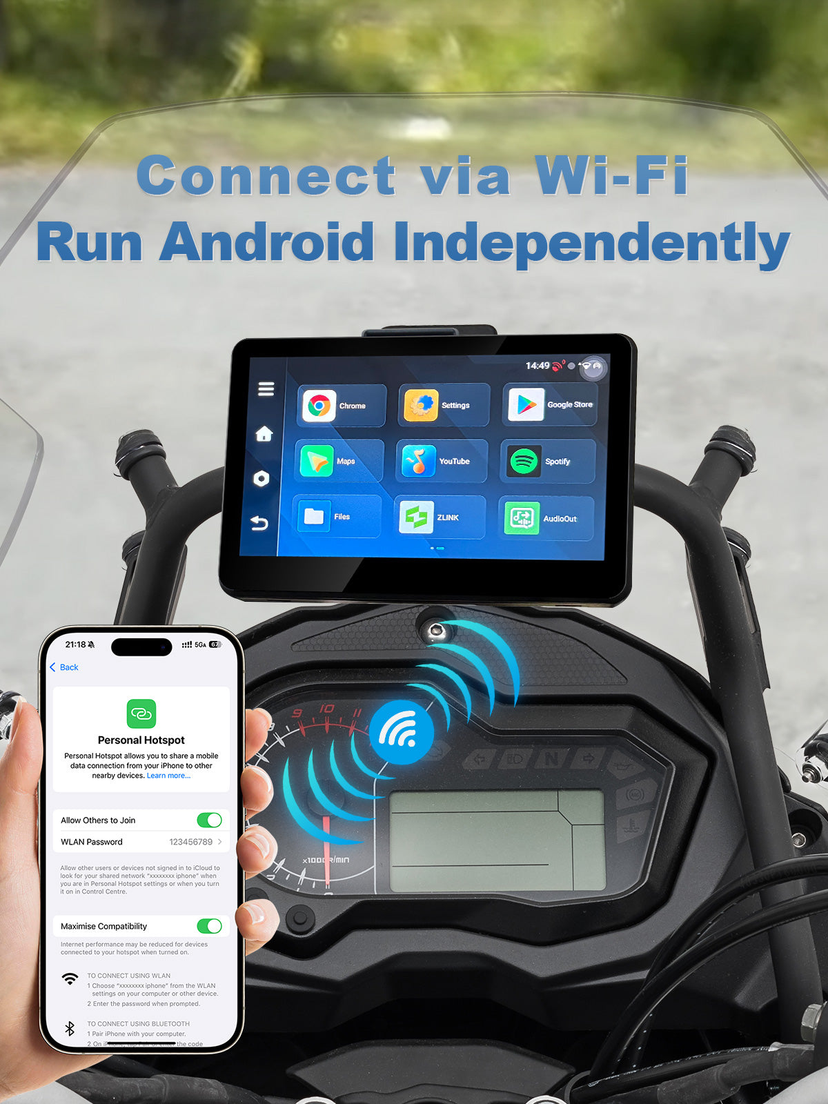 Linkifun MT13C 6.2 inch Android 14 motorcycle display connected to a phone hotspot for standalone Wi-Fi internet access