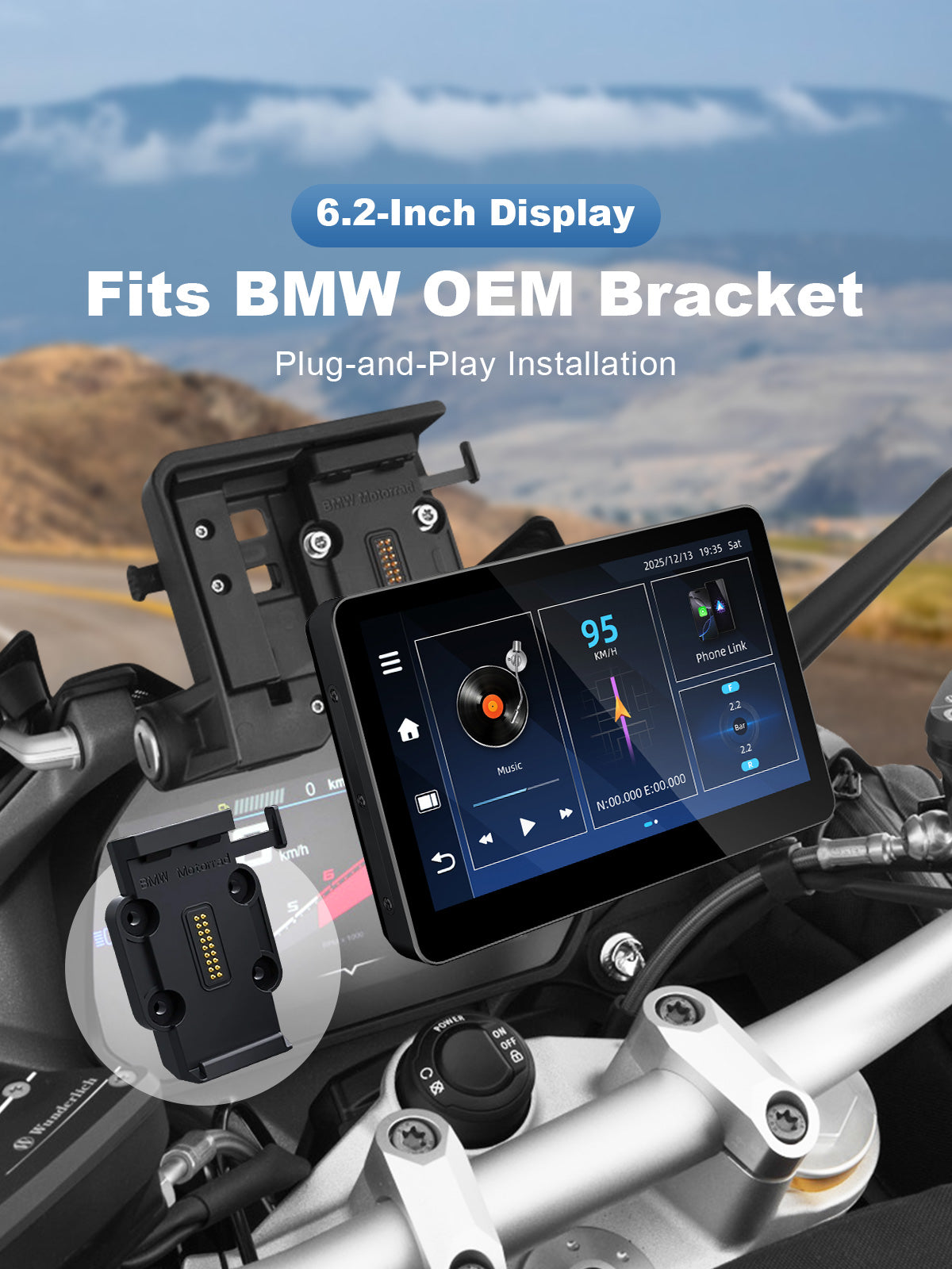 Linkifun MT13C 6.2 inch Android 14 motorcycle display installed on a compatible BMW OEM navigation bracket with touchscreen control