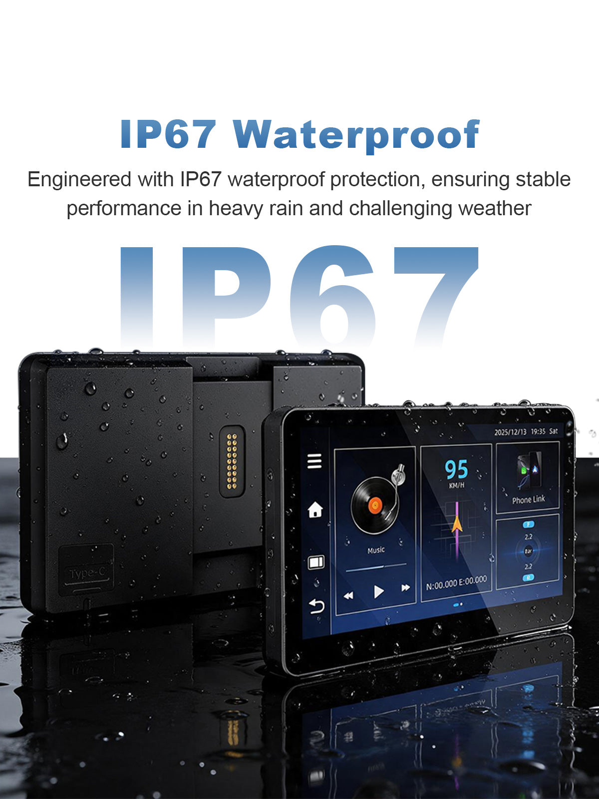 Linkifun MT13C 6.2 inch Android 14 motorcycle display with IP67 waterproof and dustproof protection for riding in rain and outdoor conditions