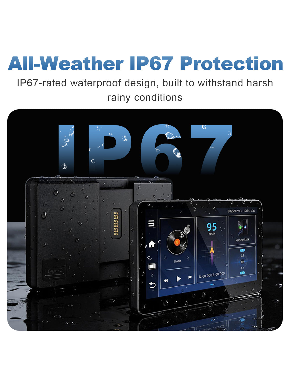 Linkifun MT13C 6.2 inch Android 14 motorcycle display with IP67 waterproof and dustproof protection for rain, splashes and outdoor riding