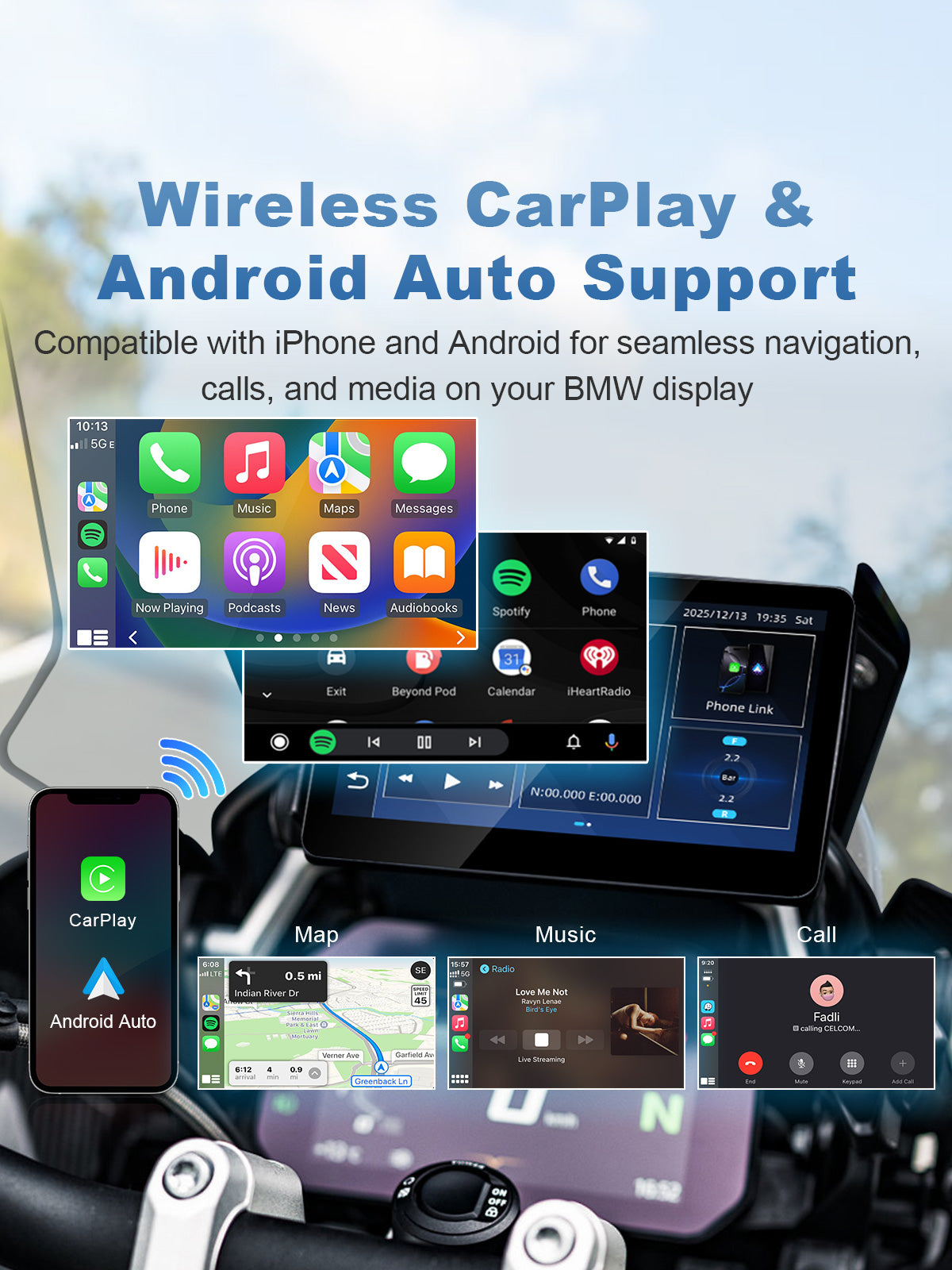 Linkifun MT13C 6.2 inch Android 14 motorcycle display with Wireless CarPlay, Android Auto and easy system switching