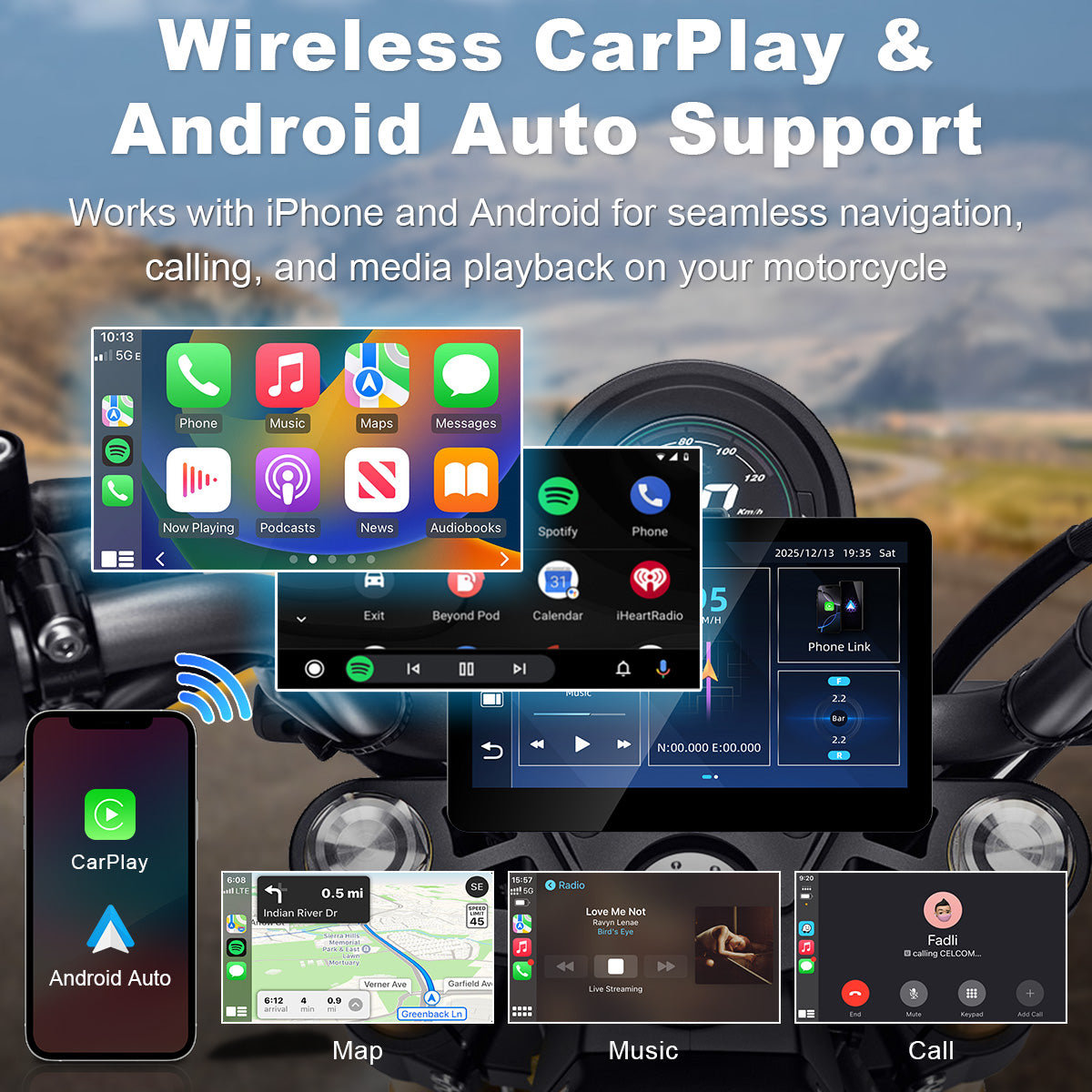 Linkifun™ MT13C + Bracket 6.2" Android 14 Smart Display for Universal Motorcycles – Google Play, Built-in GPS, Wi-Fi, Wireless CarPlay & Android Auto, Optional TPMS