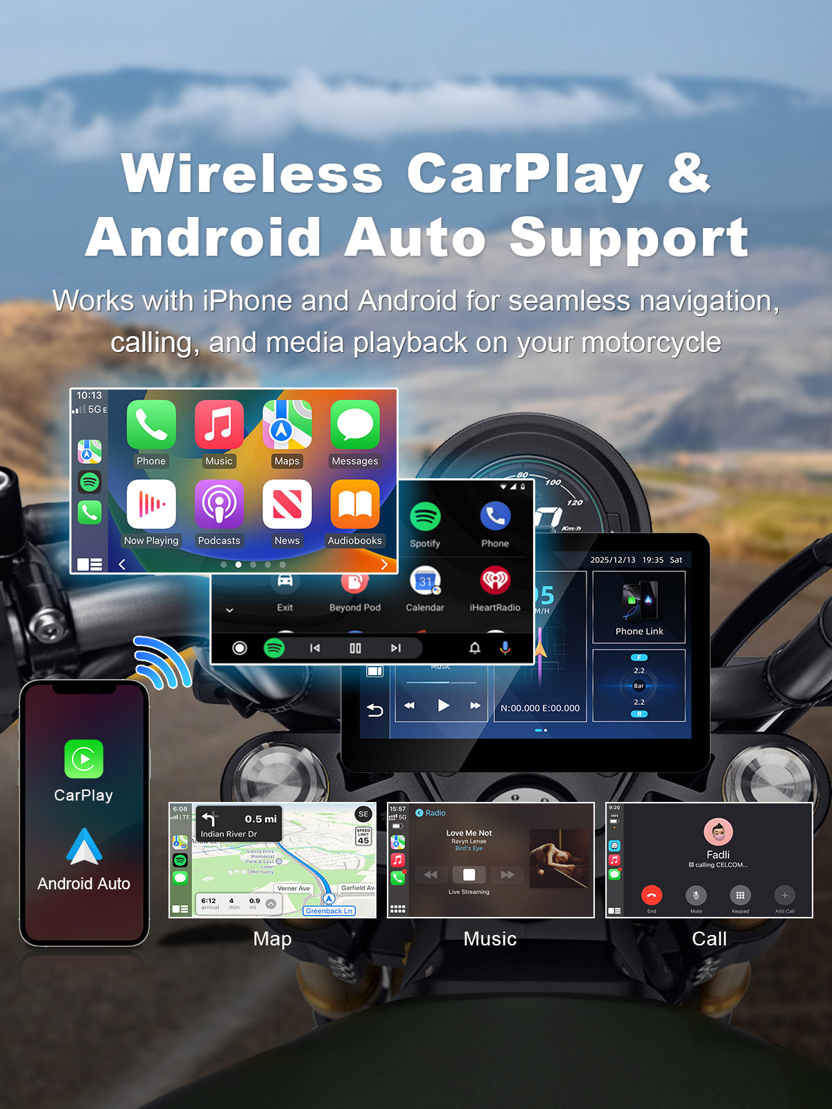 Linkifun MT13C 6.2 inch Android 14 motorcycle display with Wireless CarPlay, Android Auto and system switching