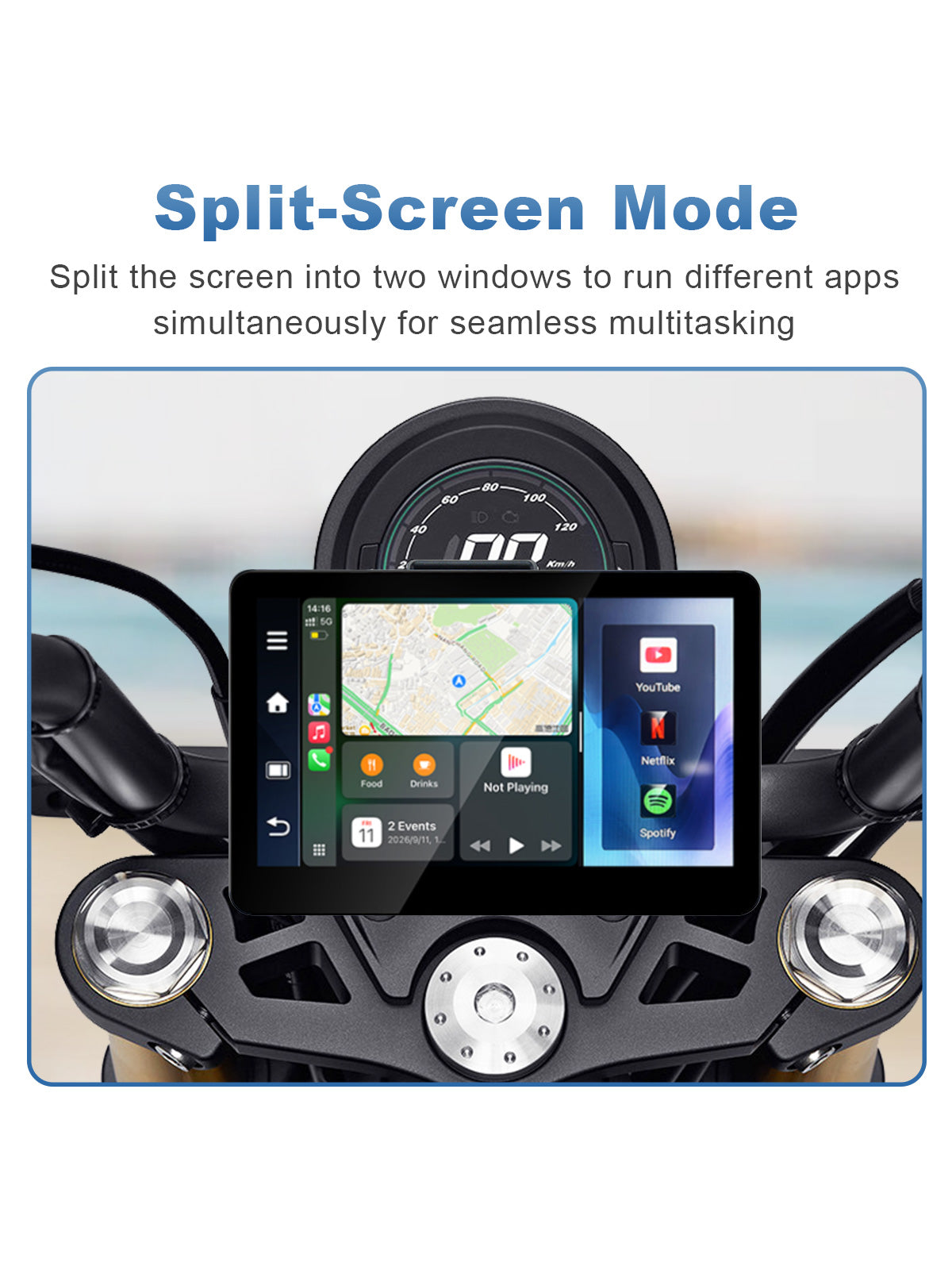 Linkifun MT13C bracket 6.2 inch Android 14 motorcycle display with split-screen multitasking showing navigation and two apps side by side