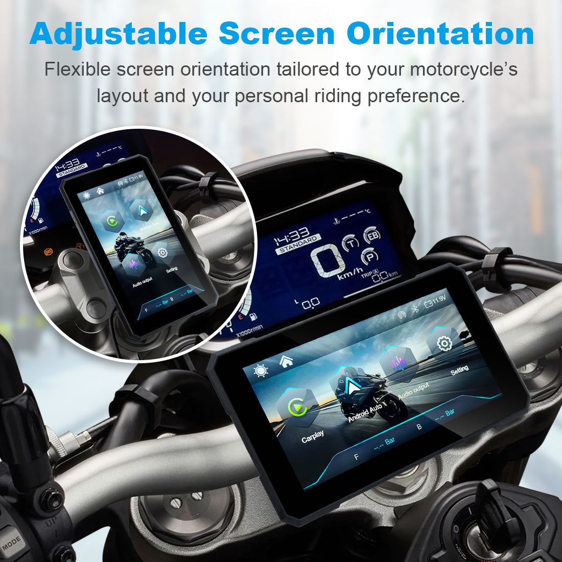 Linkifun MT15 motorcycle navigation screen with adjustable screen orientation, allowing one-touch switching between portrait and landscape display modes.