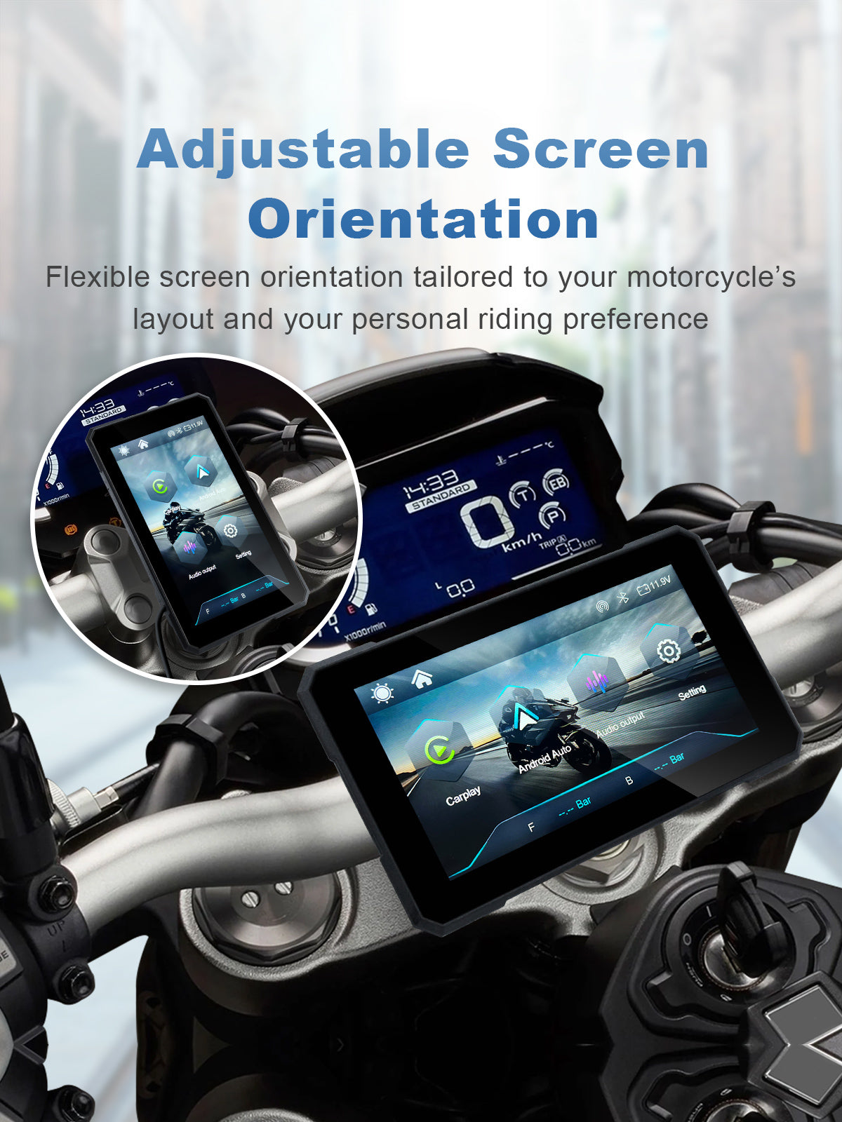 Linkifun MT15 motorcycle navigation screen with adjustable screen orientation, allowing one-touch switching between portrait and landscape display modes.