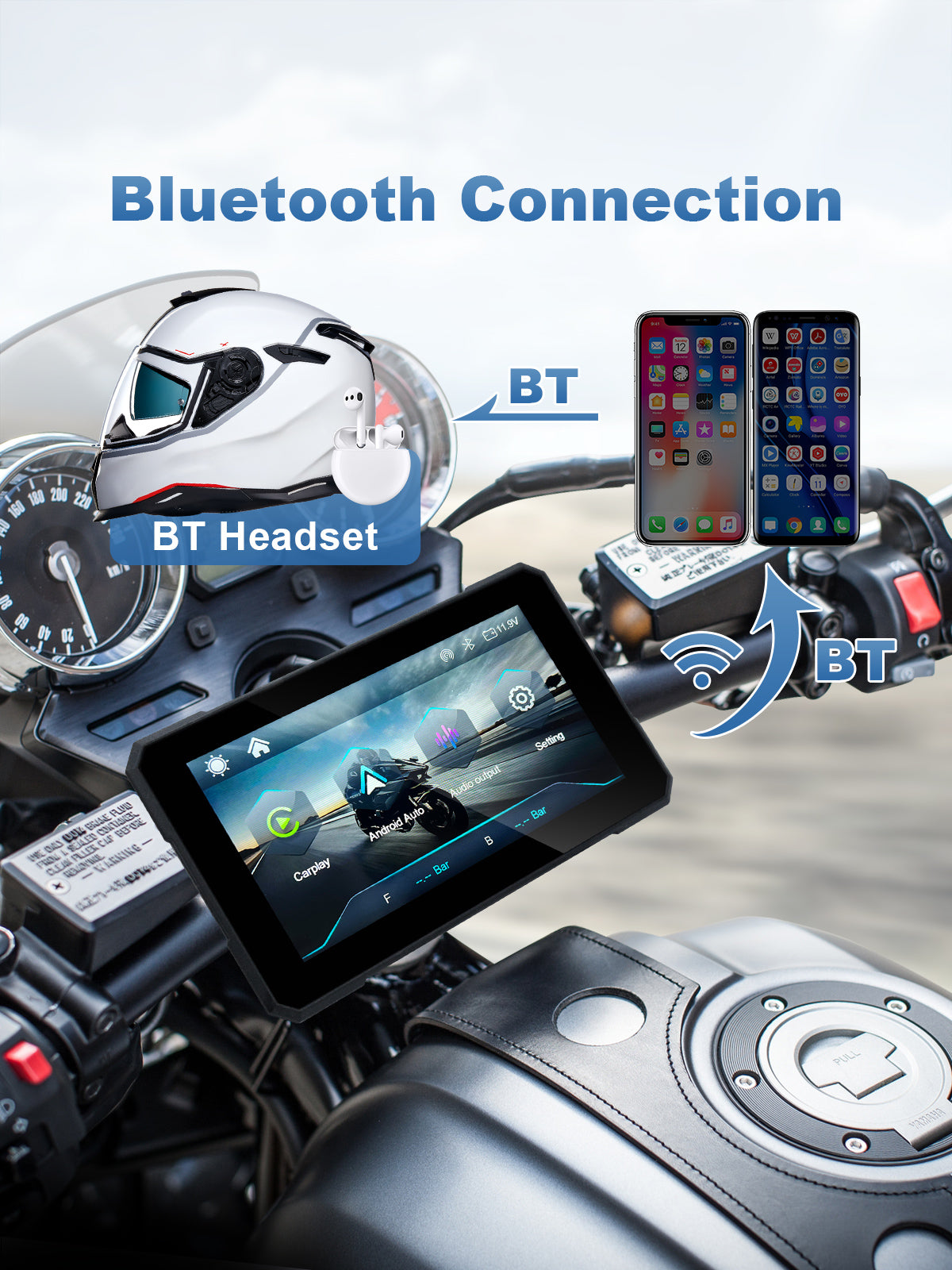 MT15 motorcycle navigation screen with Bluetooth 5.0 connection to smartphone for Wireless CarPlay or Android Auto, while helmet headset pairs with the phone for audio.