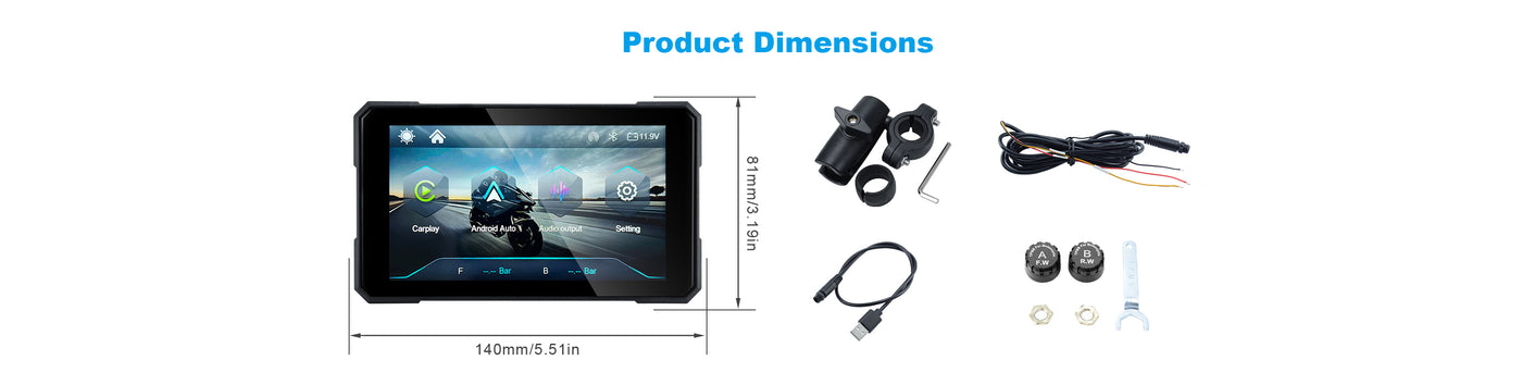 MT15 motorcycle navigation screen dimension diagram with detailed size measurements for installation reference.