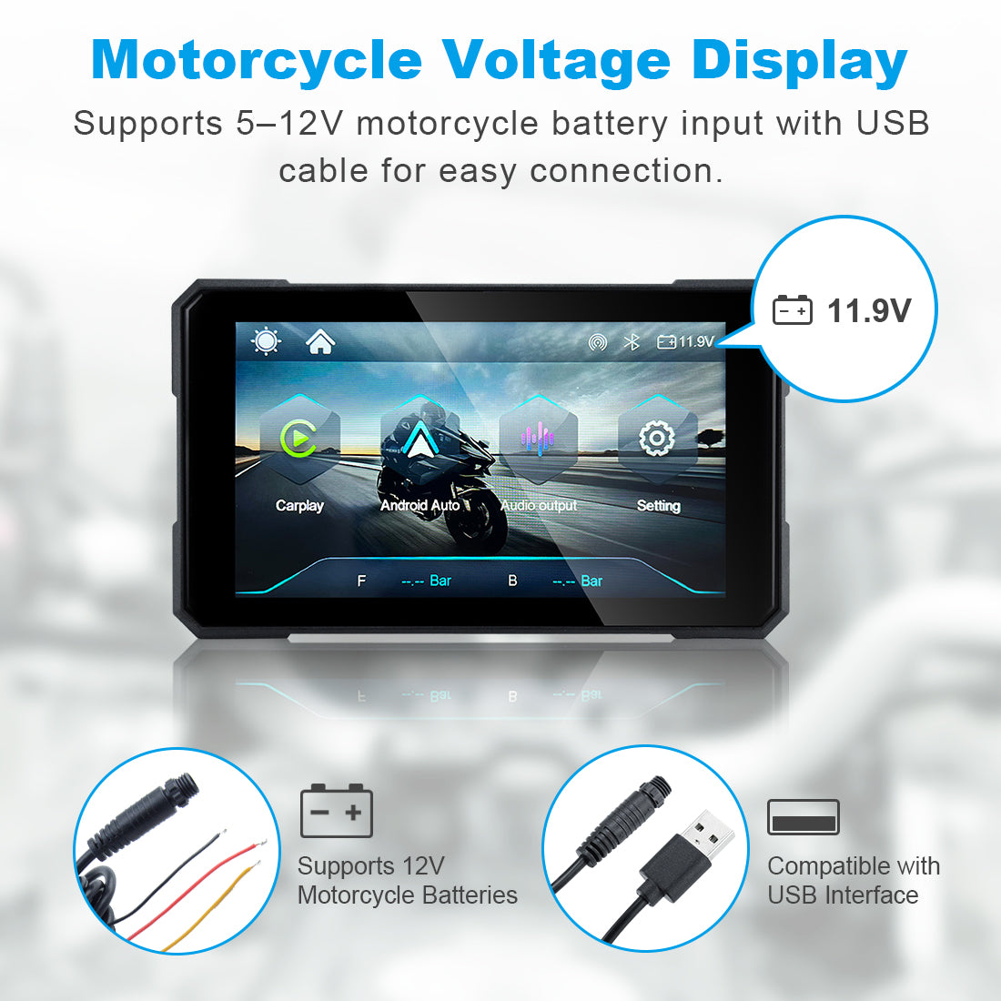 MT15 motorcycle navigation screen with flexible power options, supporting 5–12V motorcycle battery input or USB connection, compatible with motorcycles, e-bikes, scooters, bicycles, and portable power banks.