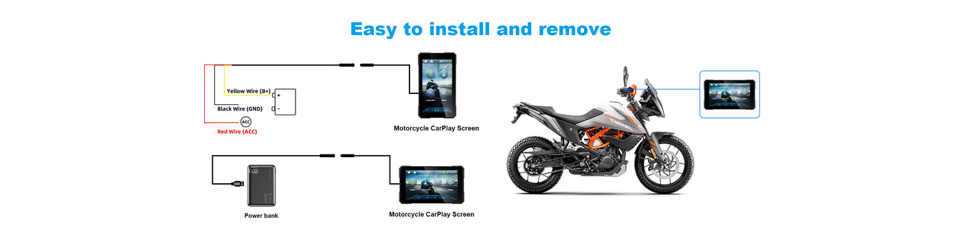 MT15 motorcycle navigation screen installation diagram showing mounting setup and connection options.