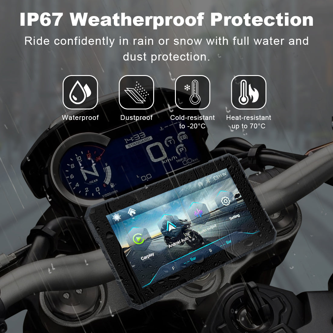 MT15 motorcycle navigation screen with IP67 waterproof and dustproof protection, designed for reliable performance in rain, snow, and harsh riding conditions.