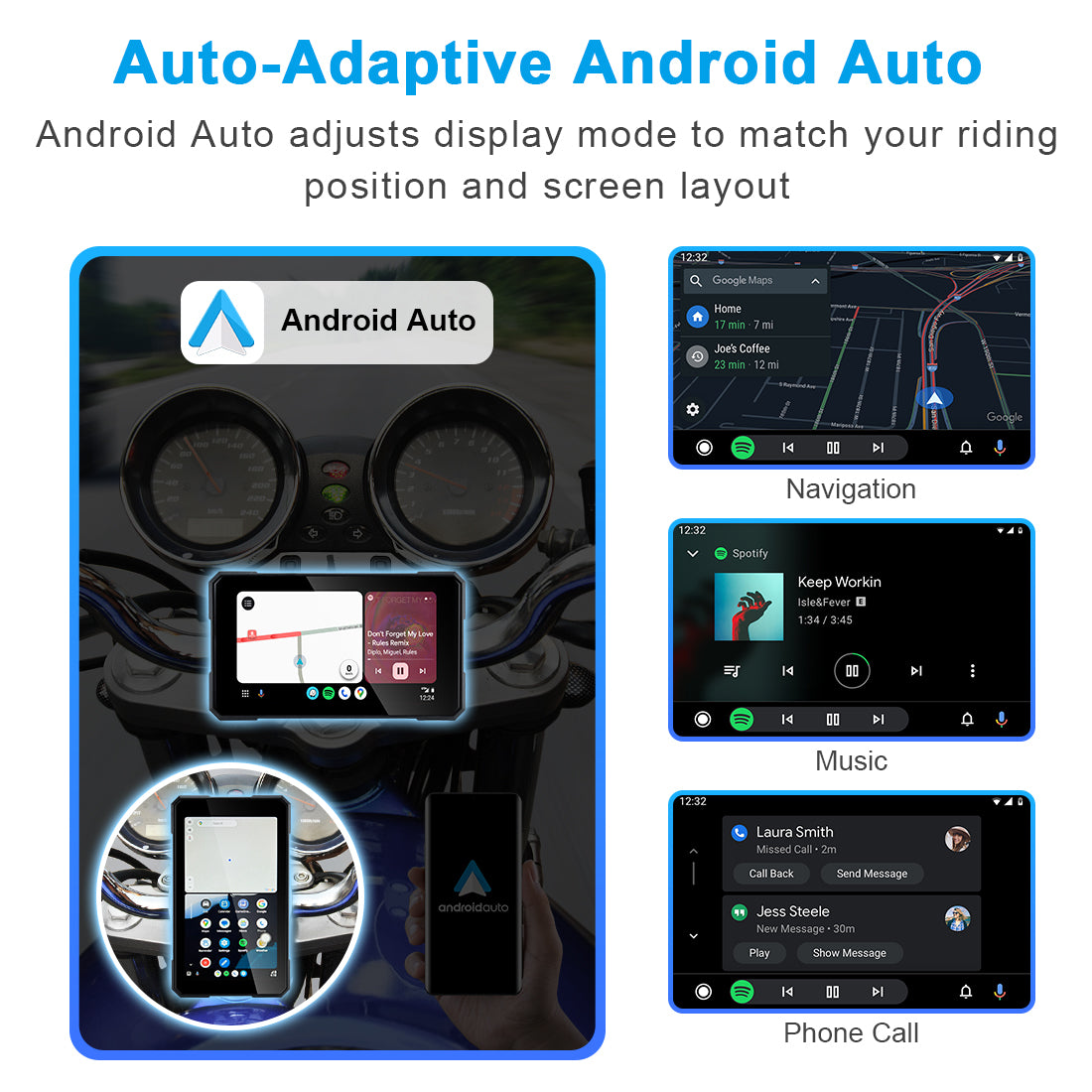 Motorcycle navigation screen with wireless Android Auto, enabling Google Maps, music streaming, Google Assistant, and one-touch portrait or landscape rotation.