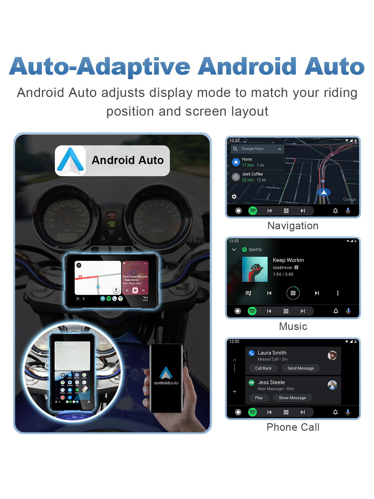 Motorcycle navigation screen with wireless Android Auto, enabling Google Maps, music streaming, Google Assistant, and one-touch portrait or landscape rotation.
