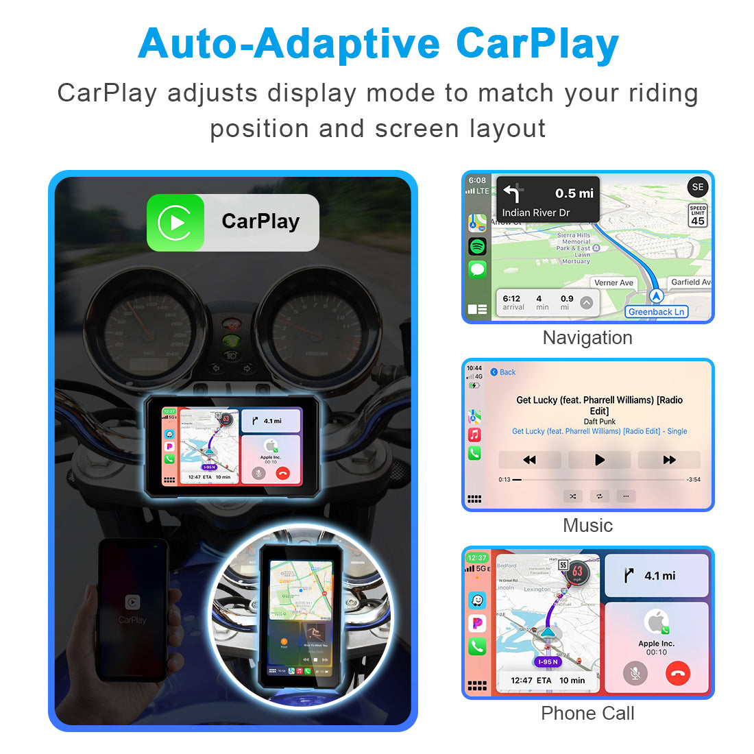 Motorcycle navigation screen with wireless Apple CarPlay, supporting Apple Maps, music, calls, Siri, and easy portrait or landscape rotation.