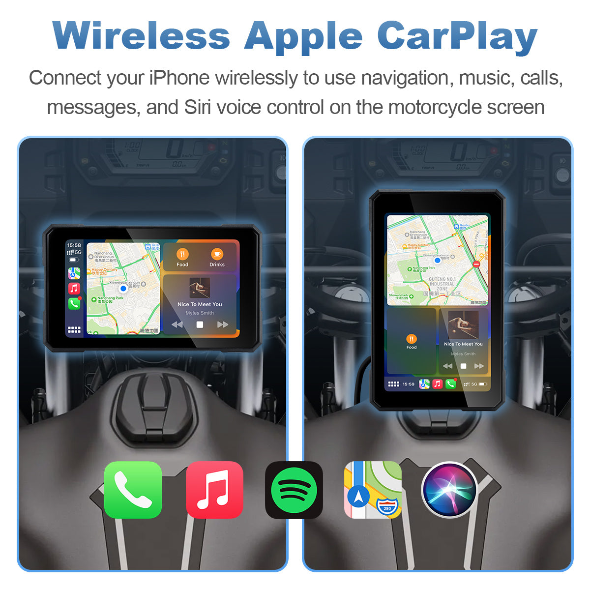 Linkifun™ MT15A 5" Smart Motorcycle Navigation Display – Wireless CarPlay & Android Auto, Portrait/Landscape Rotation, Single Bluetooth, Optional TPMS, Battery & USB Power