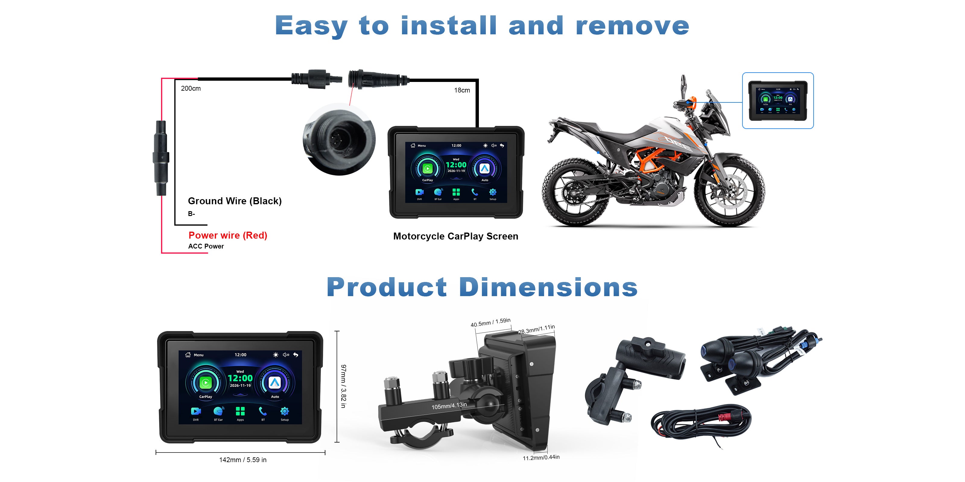 Linkifun MT16C 5 inch motorcycle navigation screen with DVR installation diagram, product dimensions, front and rear cameras, mounting bracket, power cable, and accessories