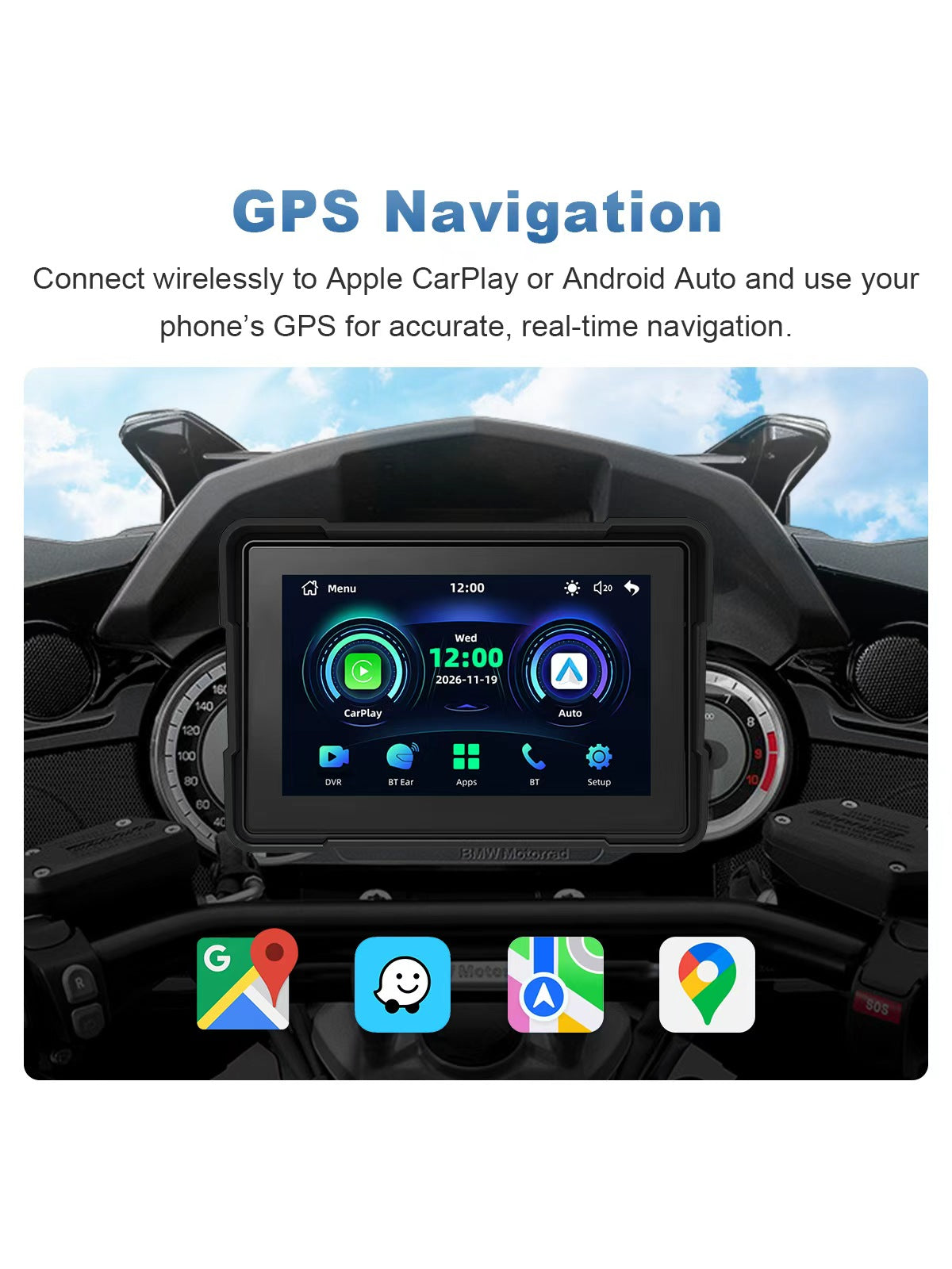 Linkifun MT16C 5 inch motorcycle navigation screen with phone GPS navigation through wireless CarPlay and Android Auto, supporting Google Maps, Apple Maps, and Waze
