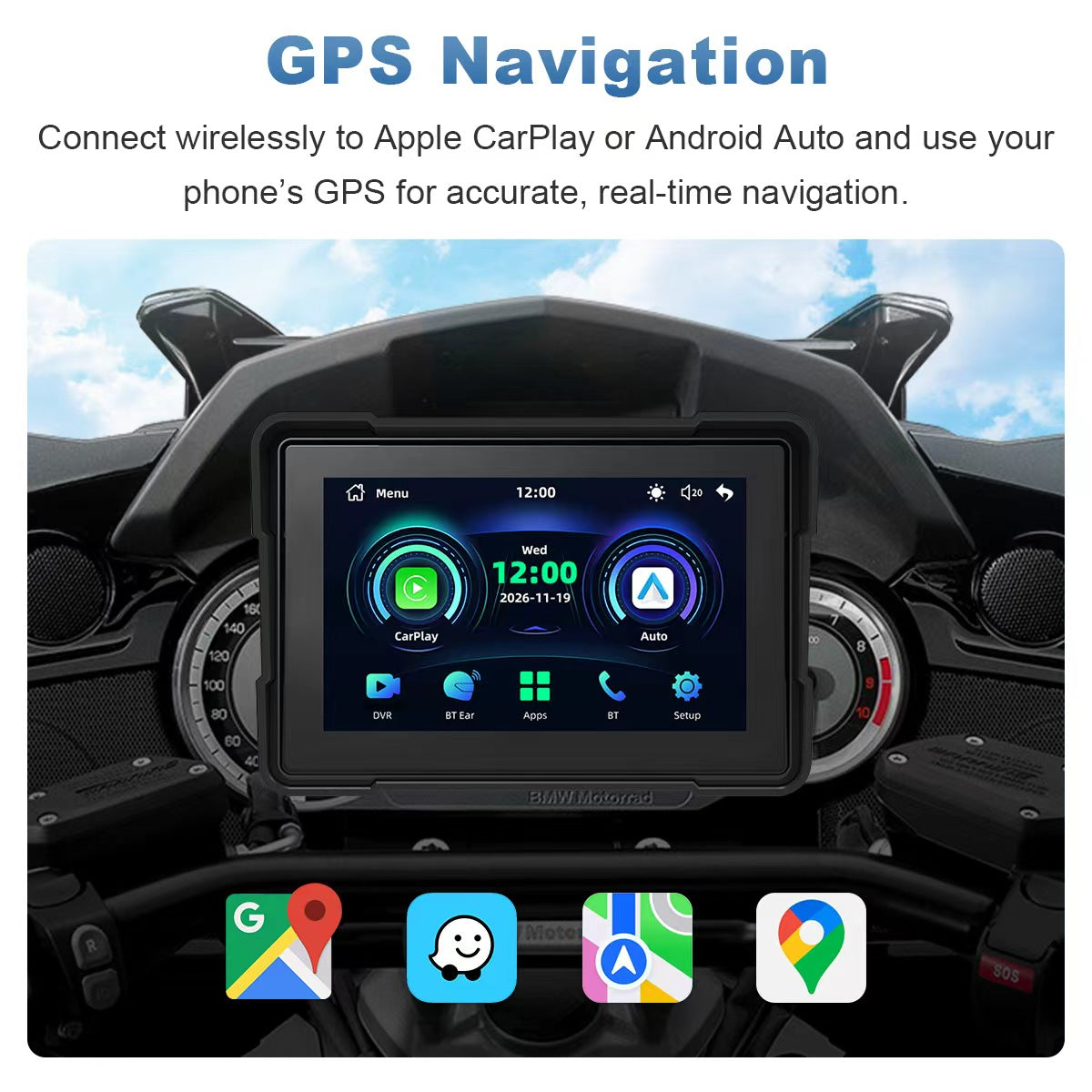 Linkifun™ MT4 7インチバイクナビゲーションスクリーン、ワイヤレスCarPlay、Android Auto、スクリーンミラーリング(オプションDVR&TPMS)
