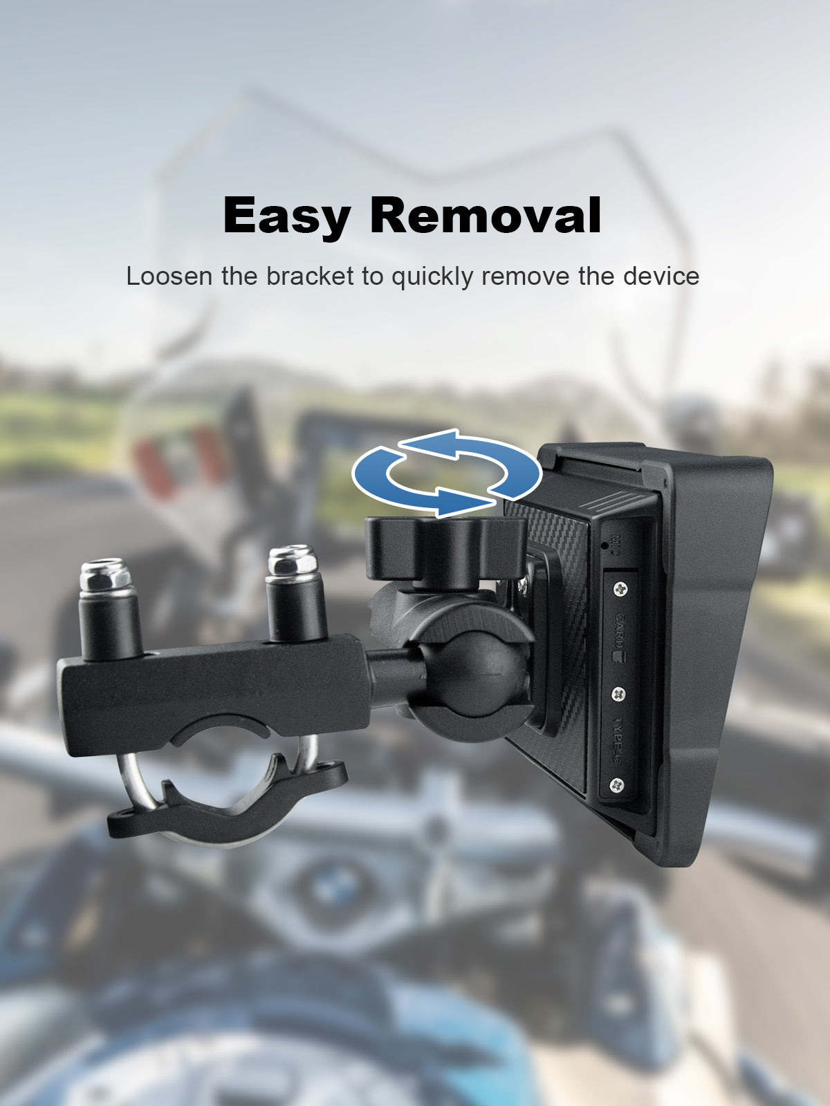 Linkifun MT16C 5 inch motorcycle navigation screen with quick-release plastic mounting bracket for easy installation and removal