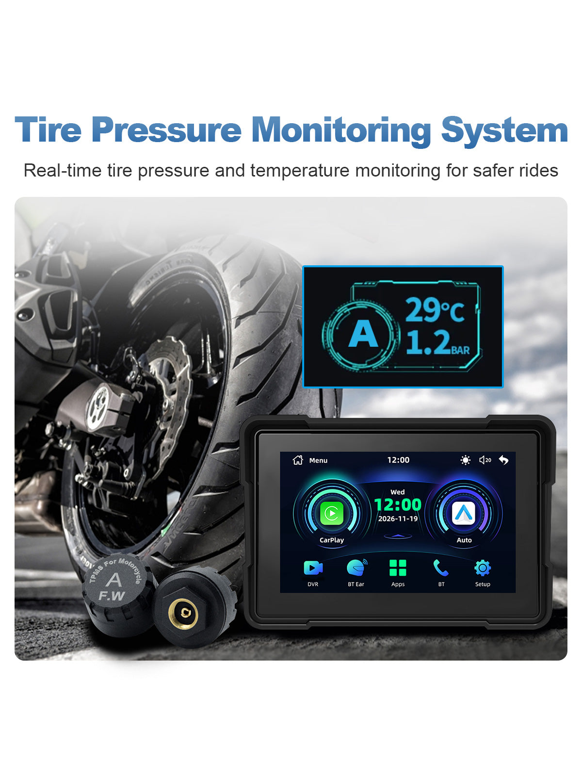 Linkifun MT16C 5 inch motorcycle navigation screen with TPMS tire pressure and temperature monitoring sensors for safer motorcycle rides