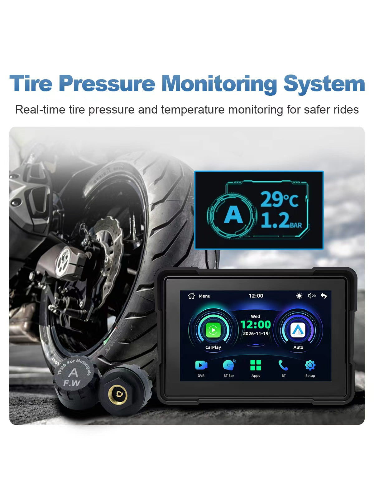 Linkifun™ MT4 7インチバイクナビゲーションスクリーン、ワイヤレスCarPlay、Android Auto、スクリーンミラーリング(オプションDVR&TPMS)