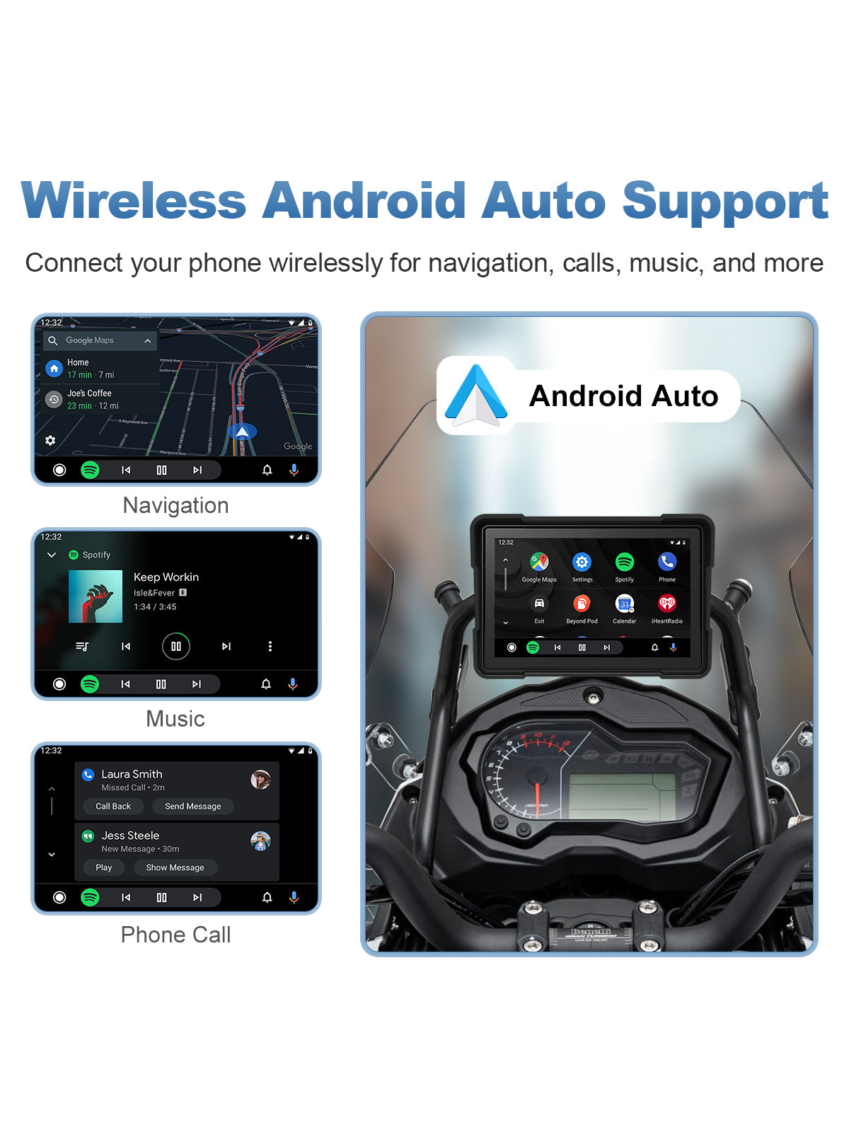 Linkifun MT16C 5 inch motorcycle navigation screen with wireless Android Auto, Google Maps, music, hands-free calls, notifications, and Google Assistant
